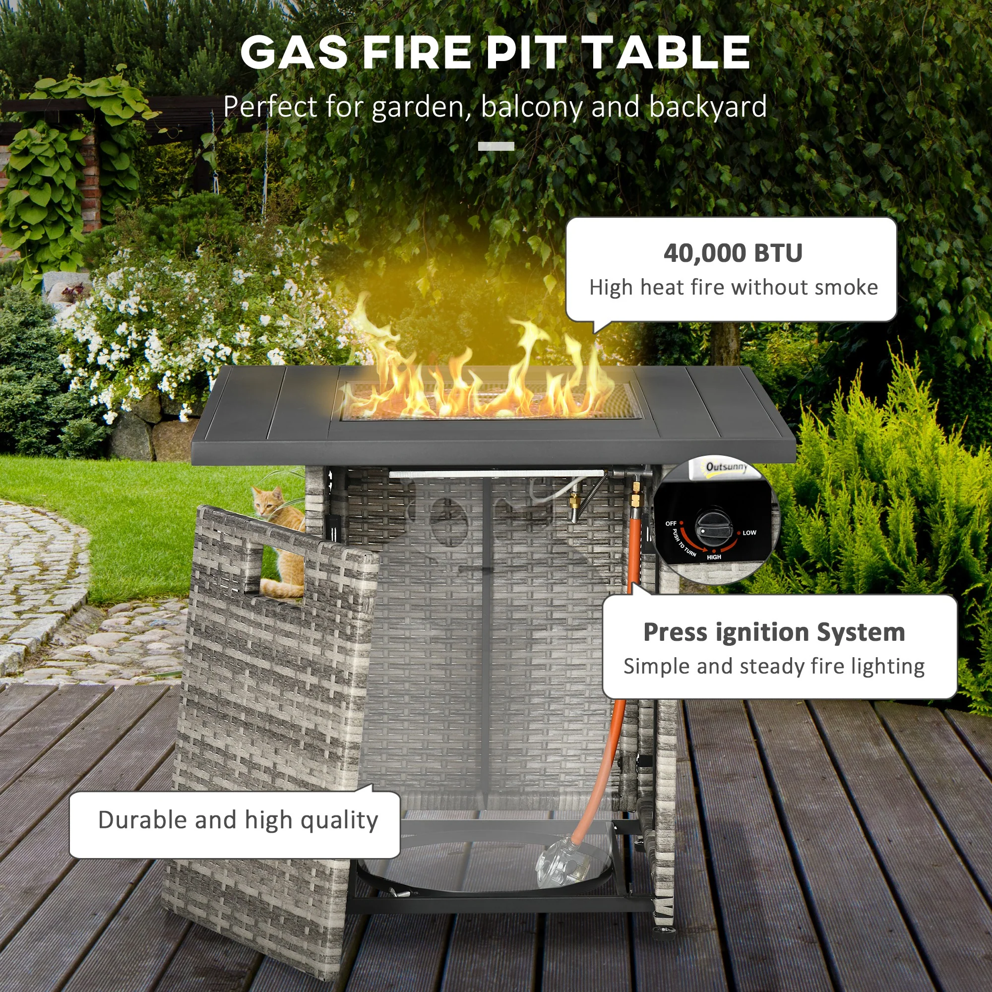 40,000 BTU Rattan Gas Fire Pit Table with Rain Cover, Mesh Lid and Lava Stone, Mixed Grey - Image 6