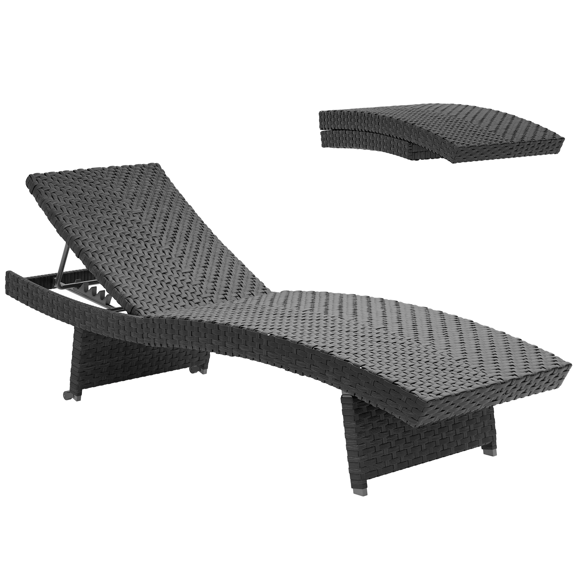 Outdoor PE Rattan Sun Lounger, Folding Wicker Garden Lounger Recliner with 4-Level Adjustable Backrest, Rolling Sunbed Lounge Chair with Wheels, Non-Slip Legs for Balcony, Beach, Black - Image 12