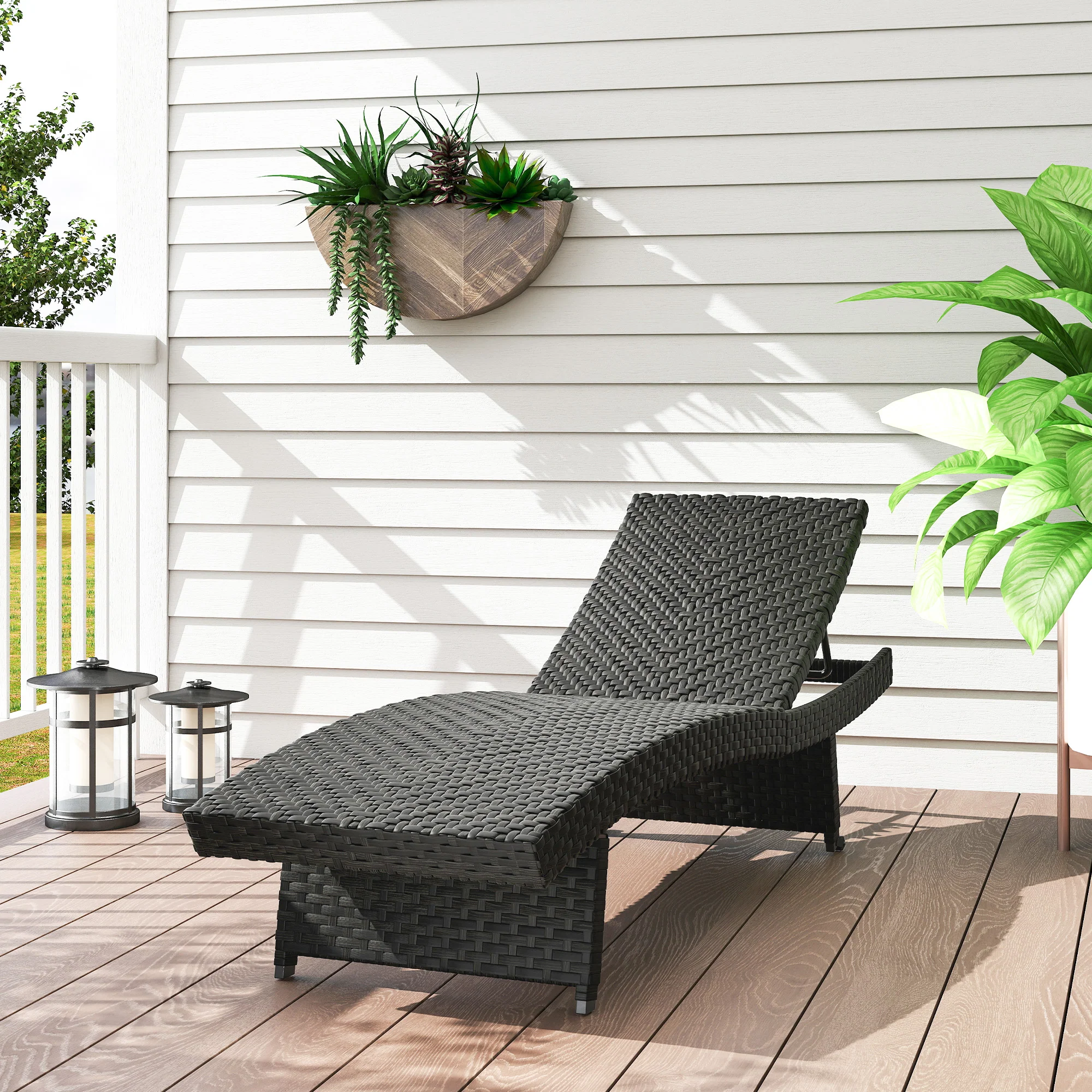 Outdoor PE Rattan Sun Lounger, Folding Wicker Garden Lounger Recliner with 4-Level Adjustable Backrest, Rolling Sunbed Lounge Chair with Wheels, Non-Slip Legs for Balcony, Beach, Black - Image 4