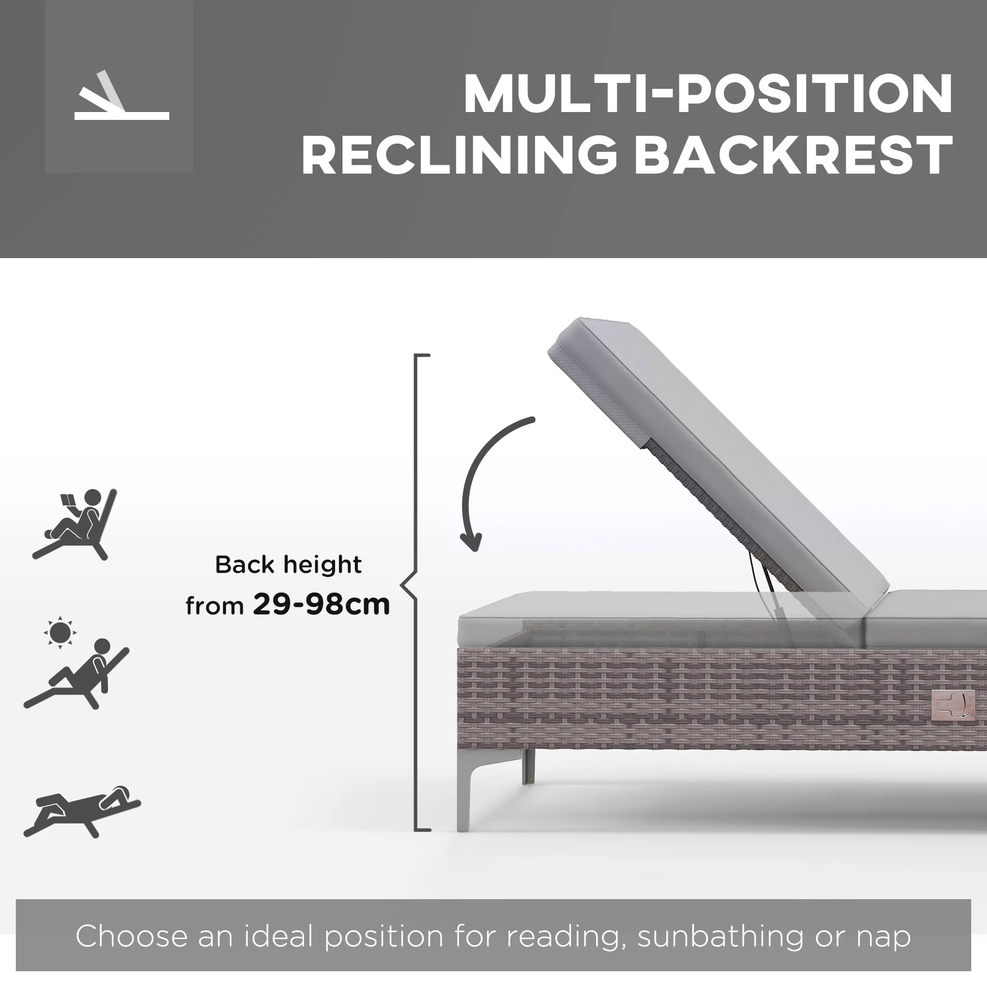 Patio Adjustable Rattan Lounger, Sunbed Daybed w/Removable & Washable Cushion, Light Grey - Image 6