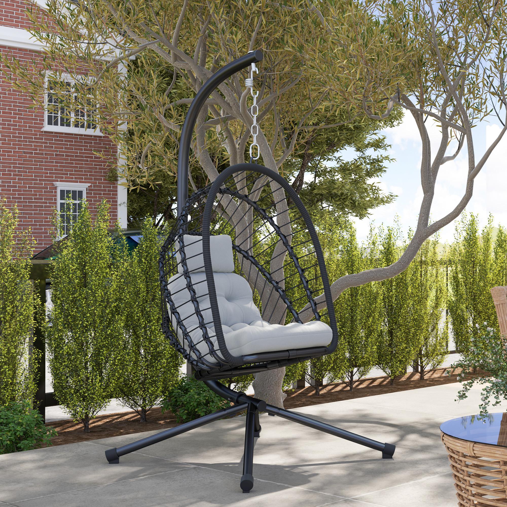 Foldable Rattan Hanging Egg Chair w/ Cushion, Headrest & Metal Stand for Patio, Black - Image 10