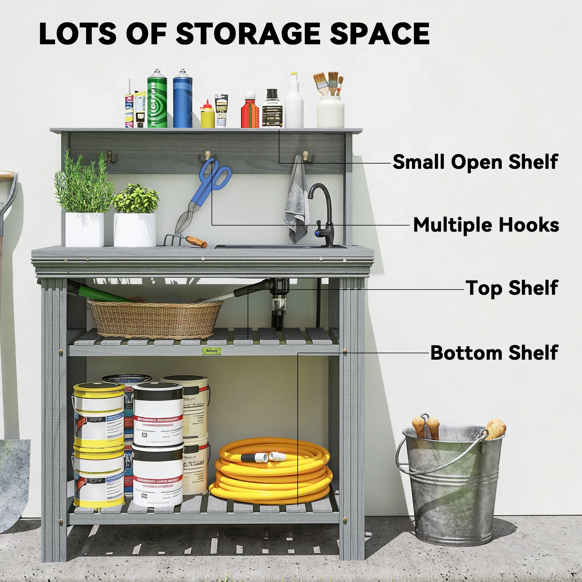 Outdoor Potting Bench Table with Faucet, Removable Sink, Hooks and Storage Shelves, Wood Work Bench Workstation, Grey - Image 6