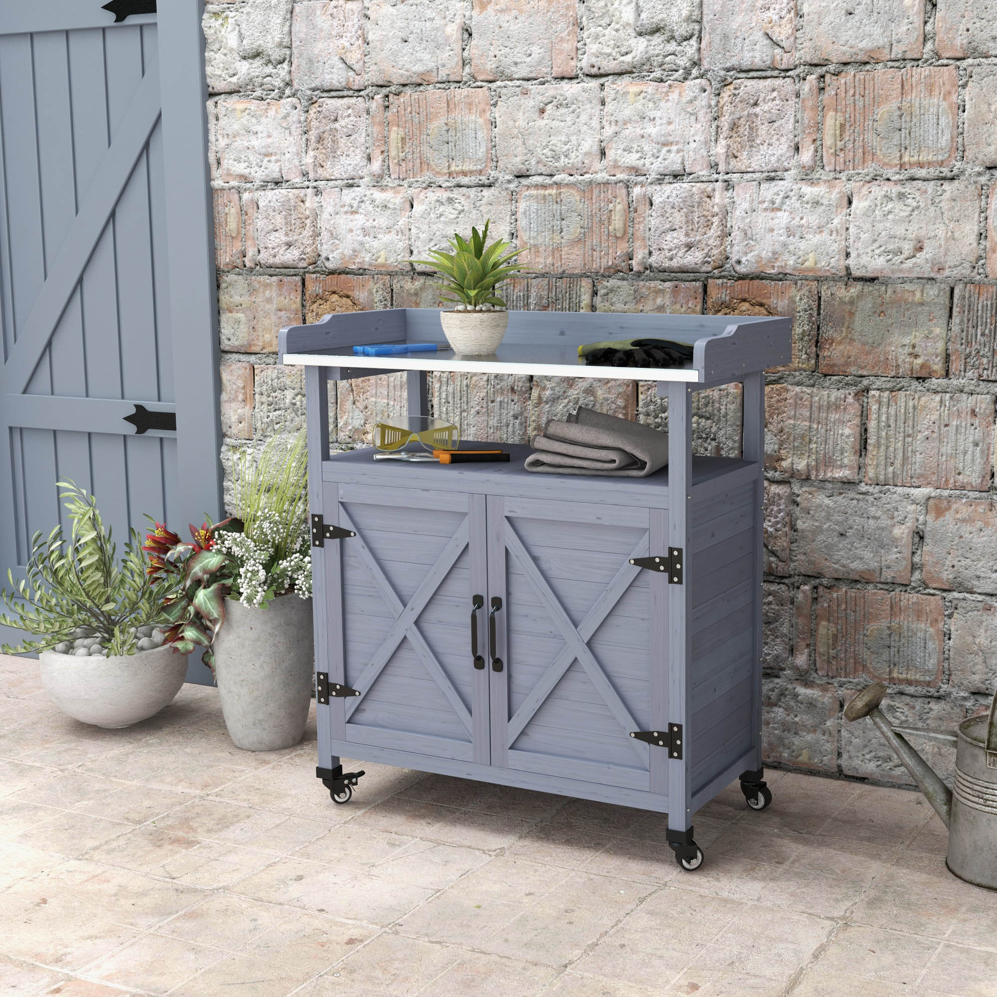 Outdoor Potting Bench with Aluminum Top & Wheels, Grey - Image 4
