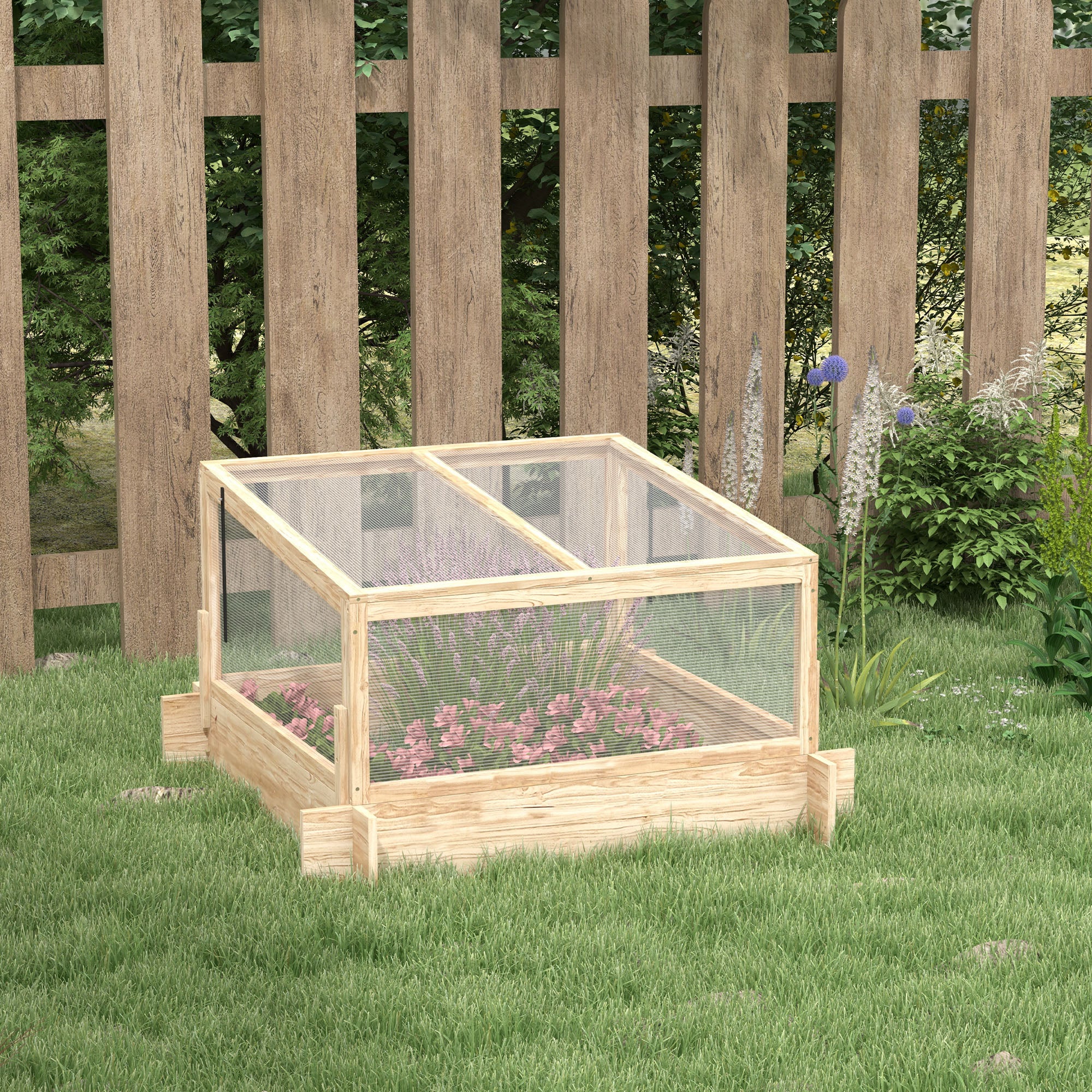 Outdoor Raised Garden Bed with Cold Frame Greenhouse and Openable Top, Wooden Elevated Planter Box for Vegetables, Flowers and Herbs, 98x98x63.5cm - Image 4
