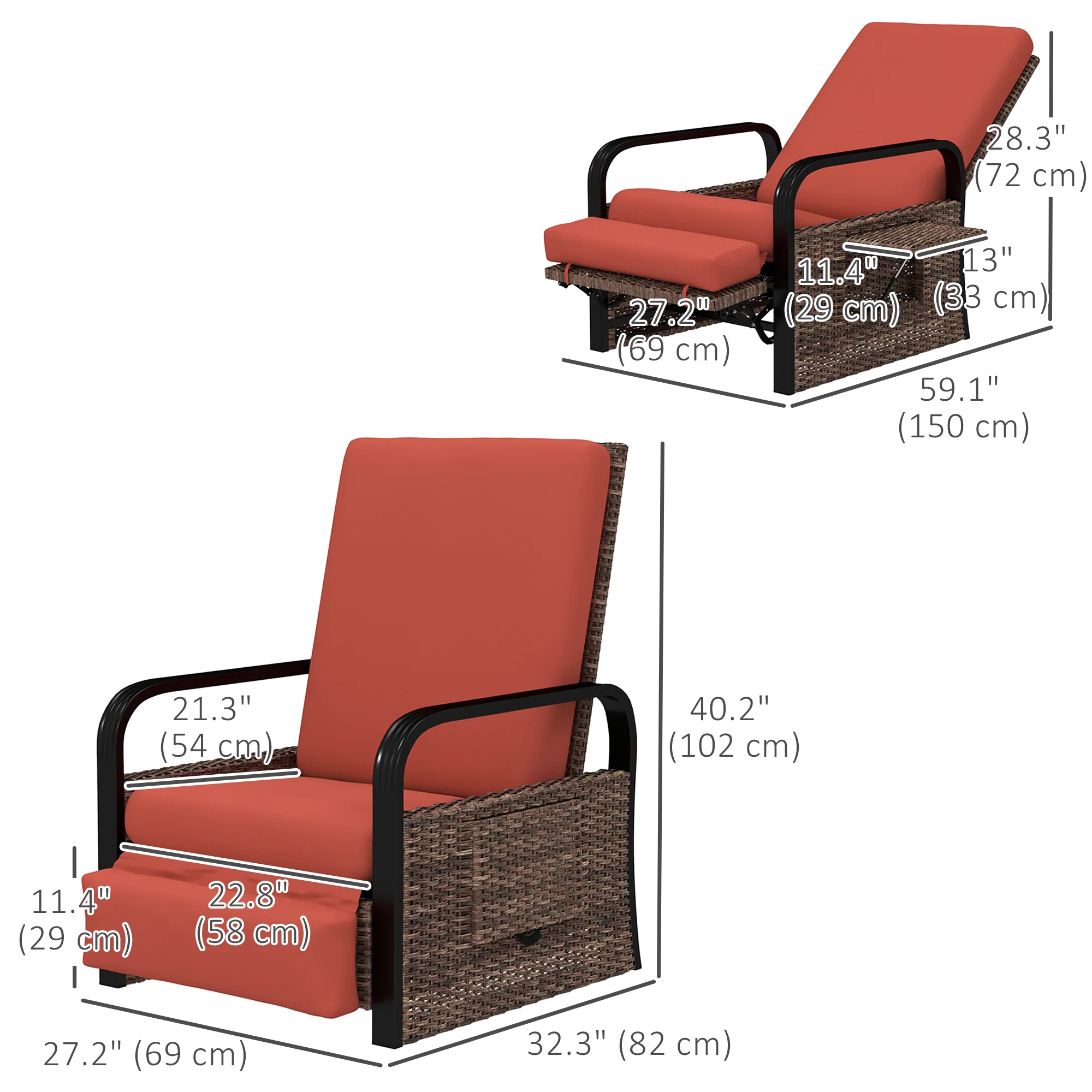 Reclining Outdoor Wicker Lounge Chair w/ Cushion, Adjustable Backrest & Footrest, Red - Image 5