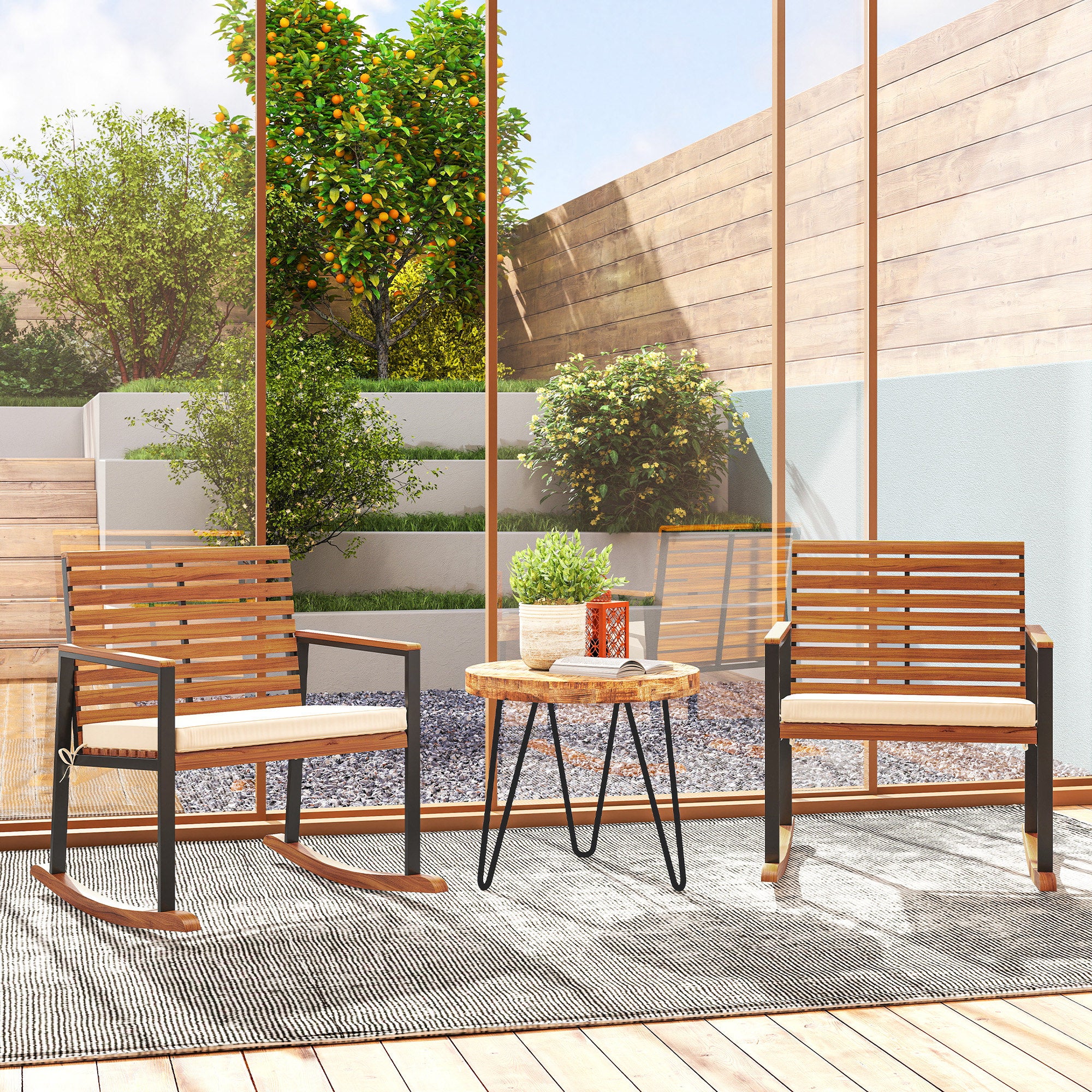 Outdoor Rocking Chair Set of 2, Acacia Wood Outdoor Rockers with Armrests, Cushion, Patio Wooden Rocking Chair Set for Garden, Balcony, Porch, 353 lbs. Capacity, Cream White - Image 3