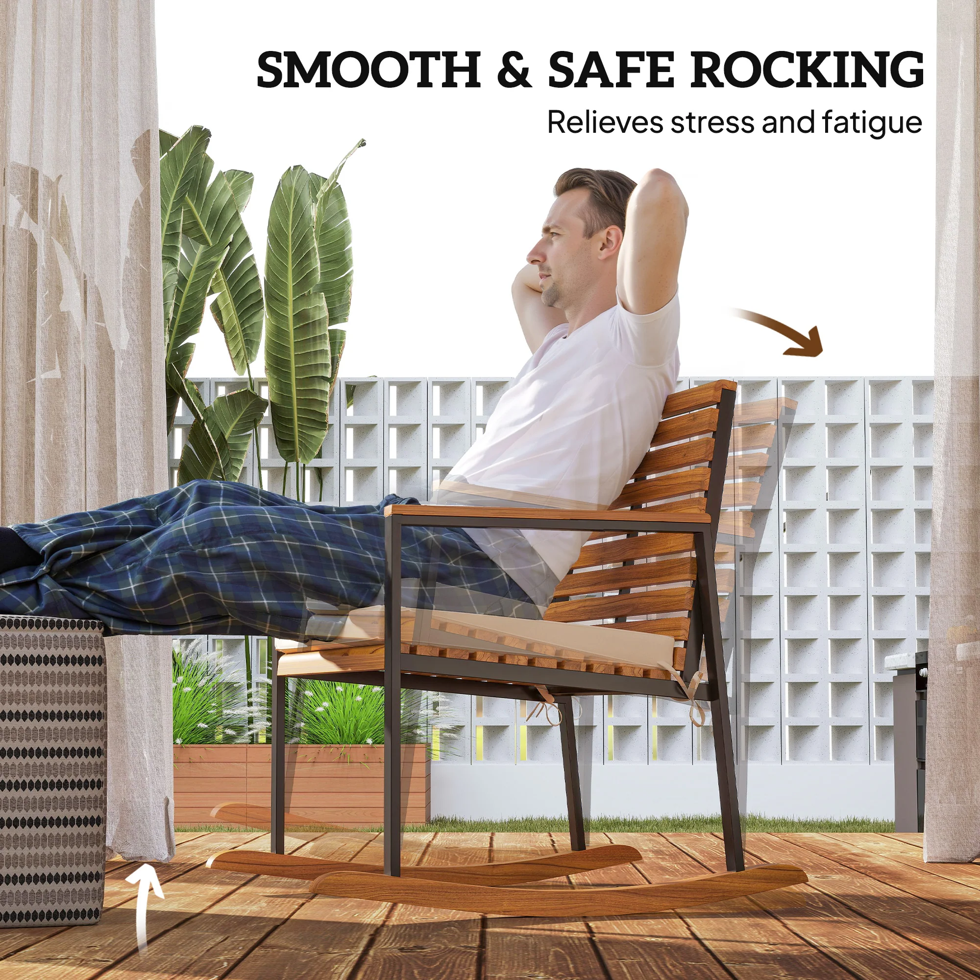 Outdoor Rocking Chair Set of 2, Acacia Wood Outdoor Rockers with Armrests, Cushion, Patio Wooden Rocking Chair Set for Garden, Balcony, Porch, 353 lbs. Capacity, Cream White - Image 6