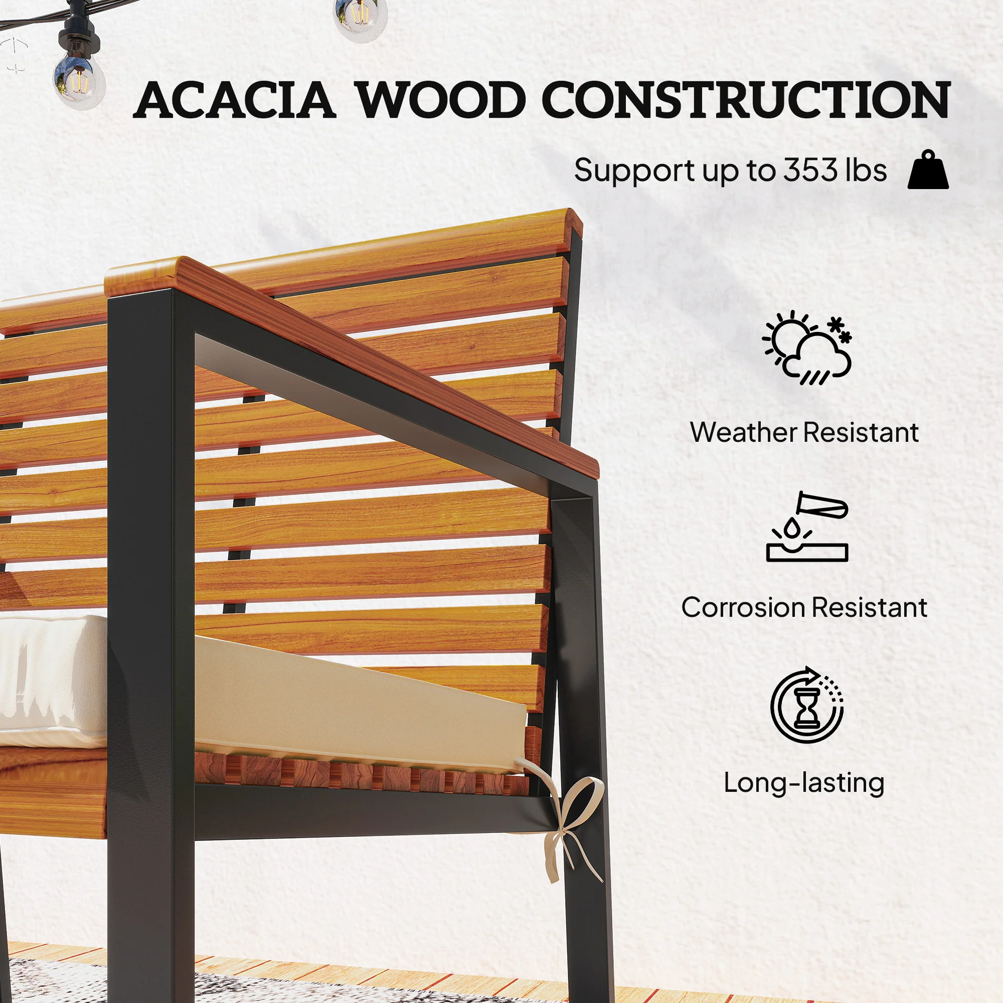 Outdoor Rocking Chair Set of 2, Acacia Wood Outdoor Rockers with Armrests, Cushion, Patio Wooden Rocking Chair Set for Garden, Balcony, Porch, 353 lbs. Capacity, Cream White - Image 8