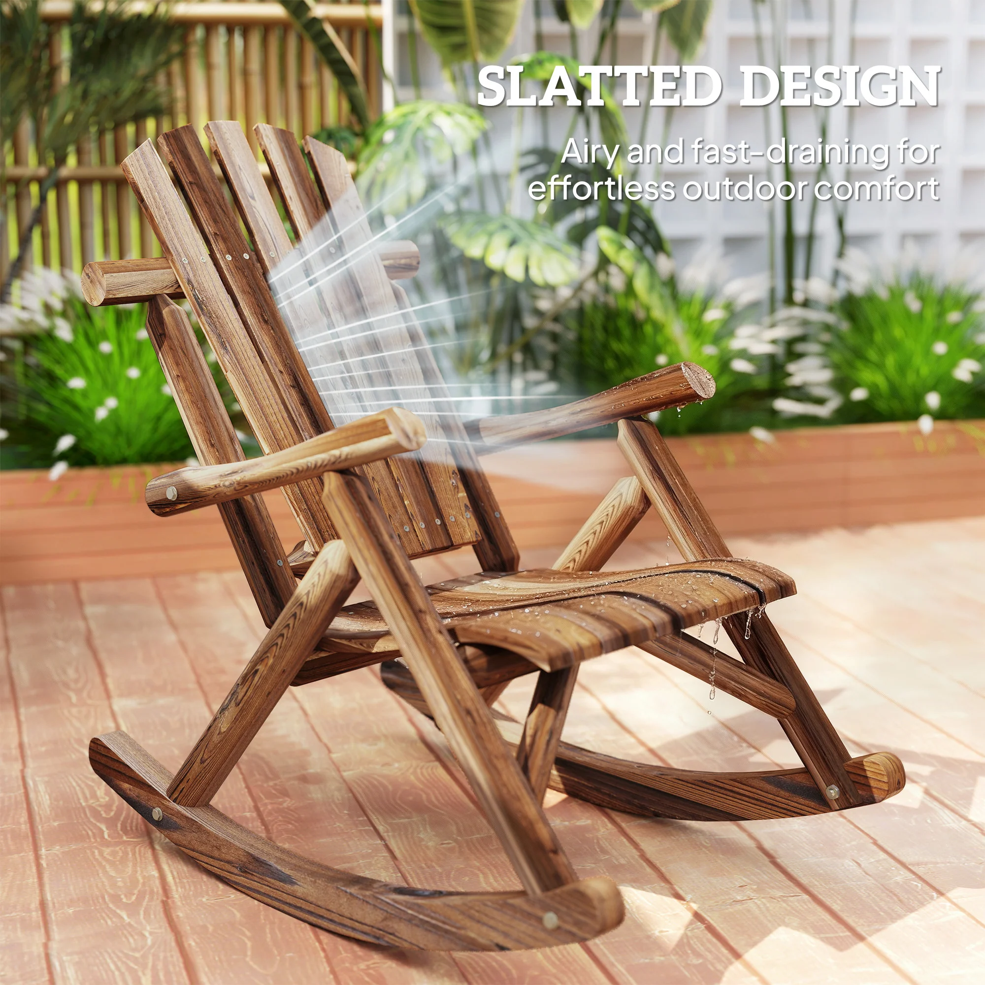 Outdoor Wooden Adirondack Rocker with High Back and Slatted Seat, Carbonized - Image 9