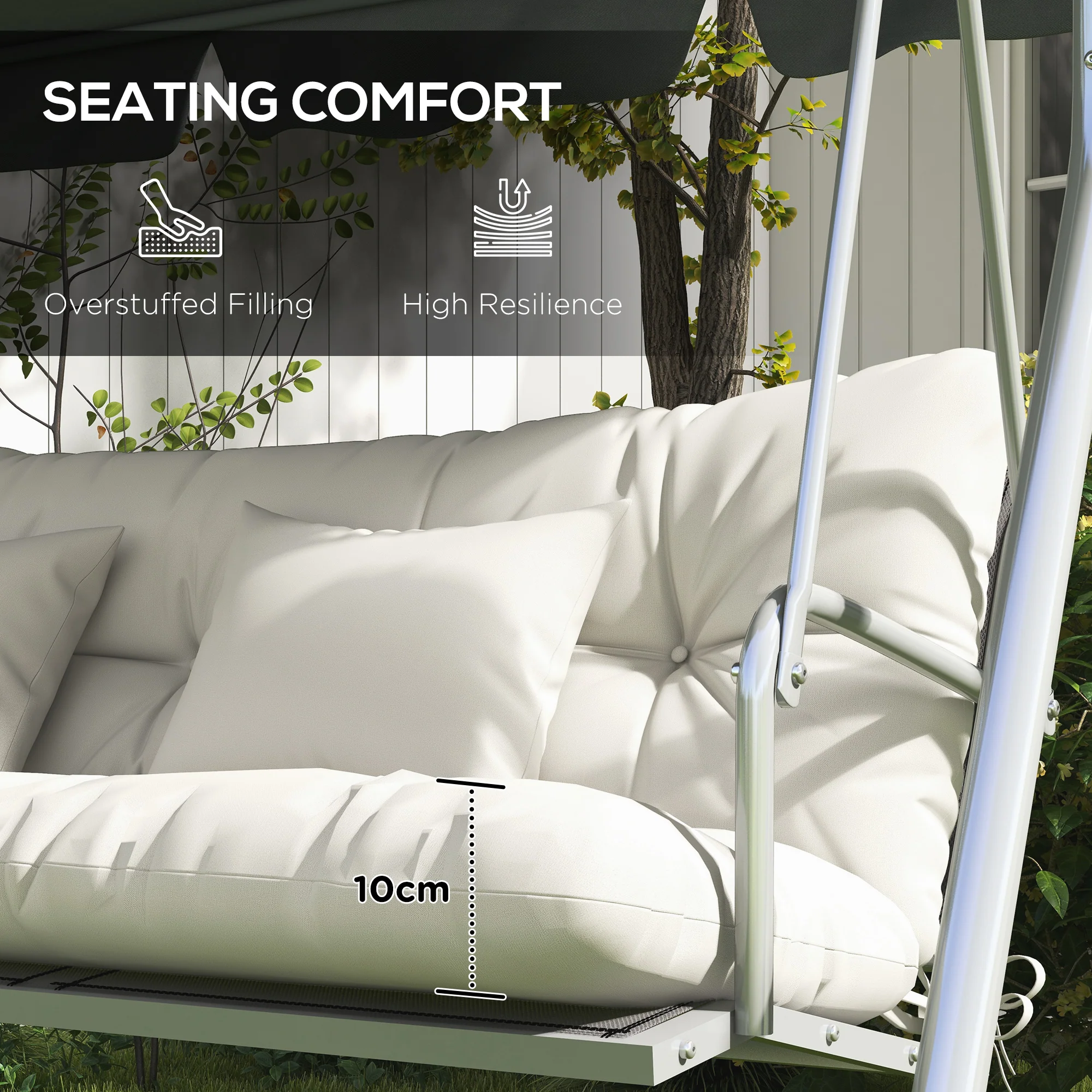 Back and Seat Cushion Replacement w/ 2 Pillows for 3-Seater Chair, Swing, Sofa, White - Image 8