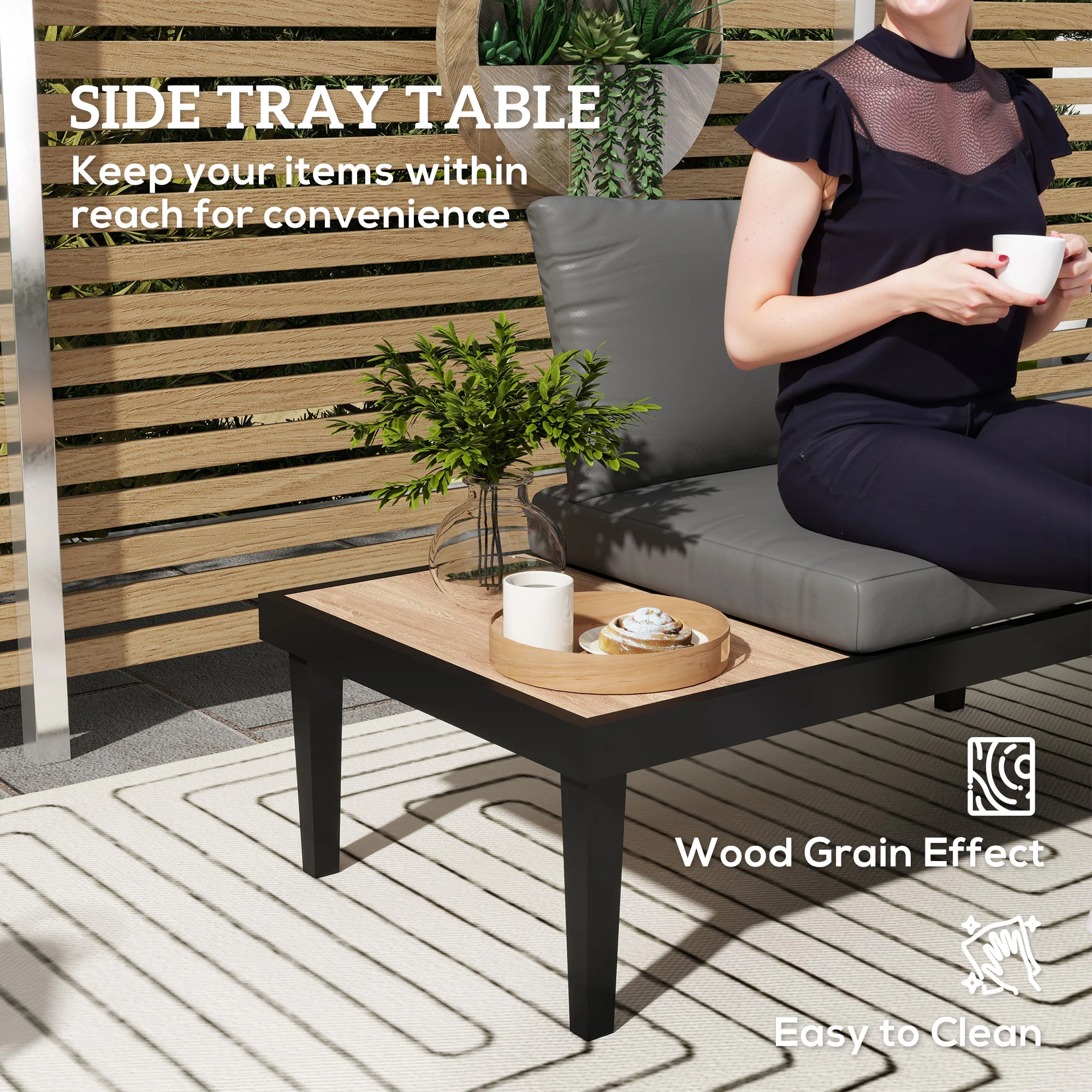 2 Seater Outdoor Patio Sofa Couch with Wood Grain Side Tray and Cushions, Grey - Image 7
