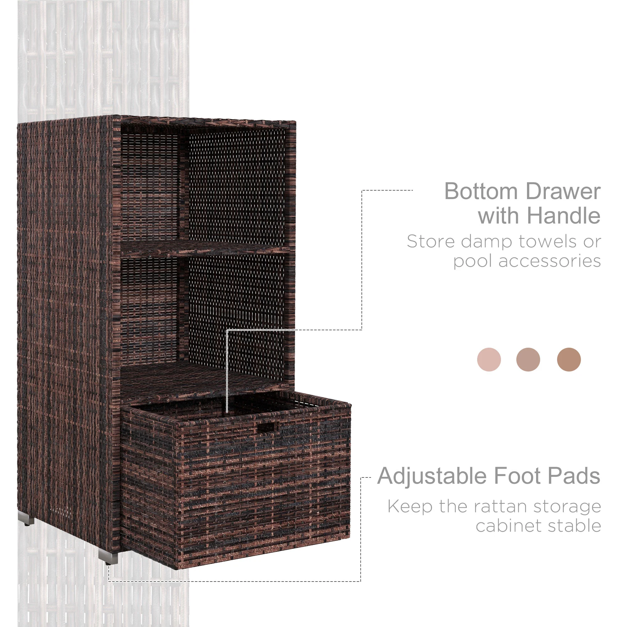 Outdoor Rattan Wicker Storage Organizer w/ Shelf & Drawer for Poolside, Mixed Brown - Image 8