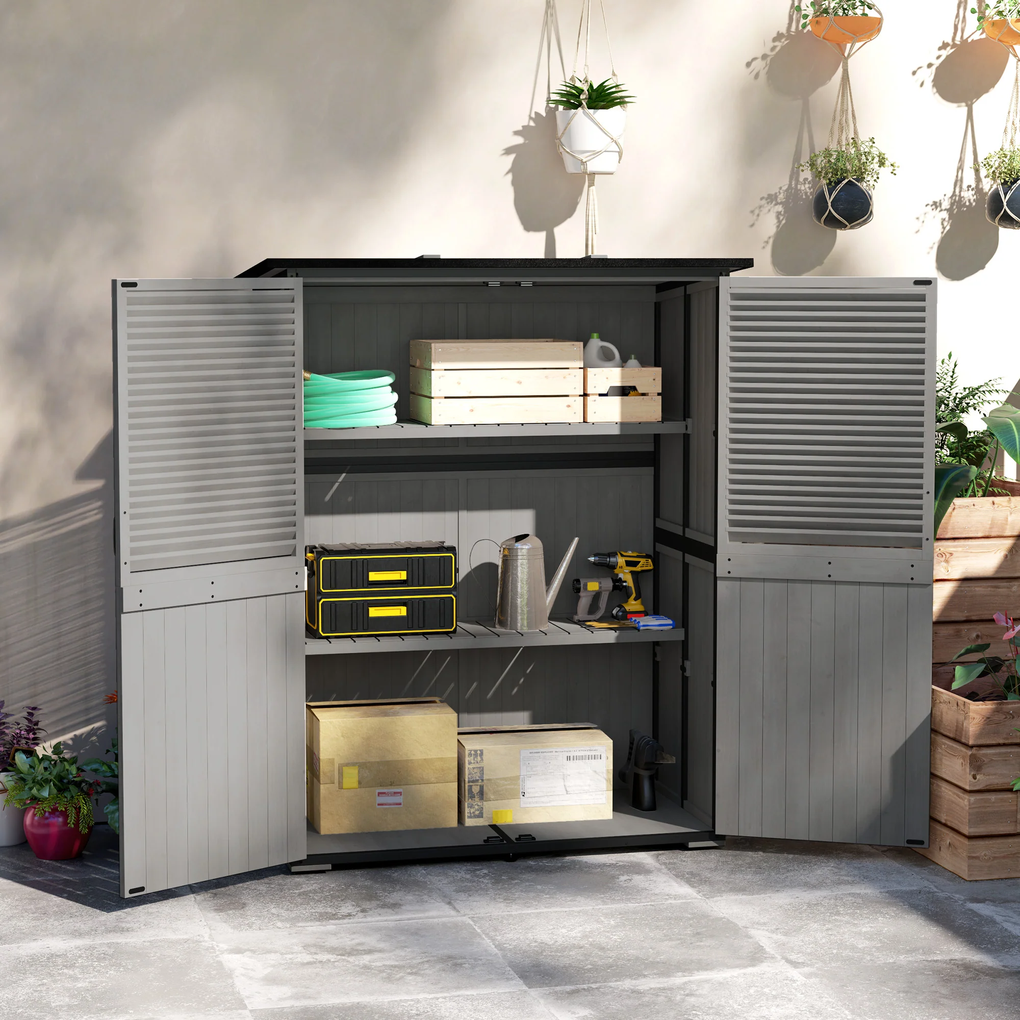 Outdoor Storage Cabinet, Wood Garden Tool Shed with Lock, Steel Frame and Asphalt Roof, Garden Storage Shed with Adjustable Shelves and Feet for Patio Backyard Lawn, Gray - Image 3