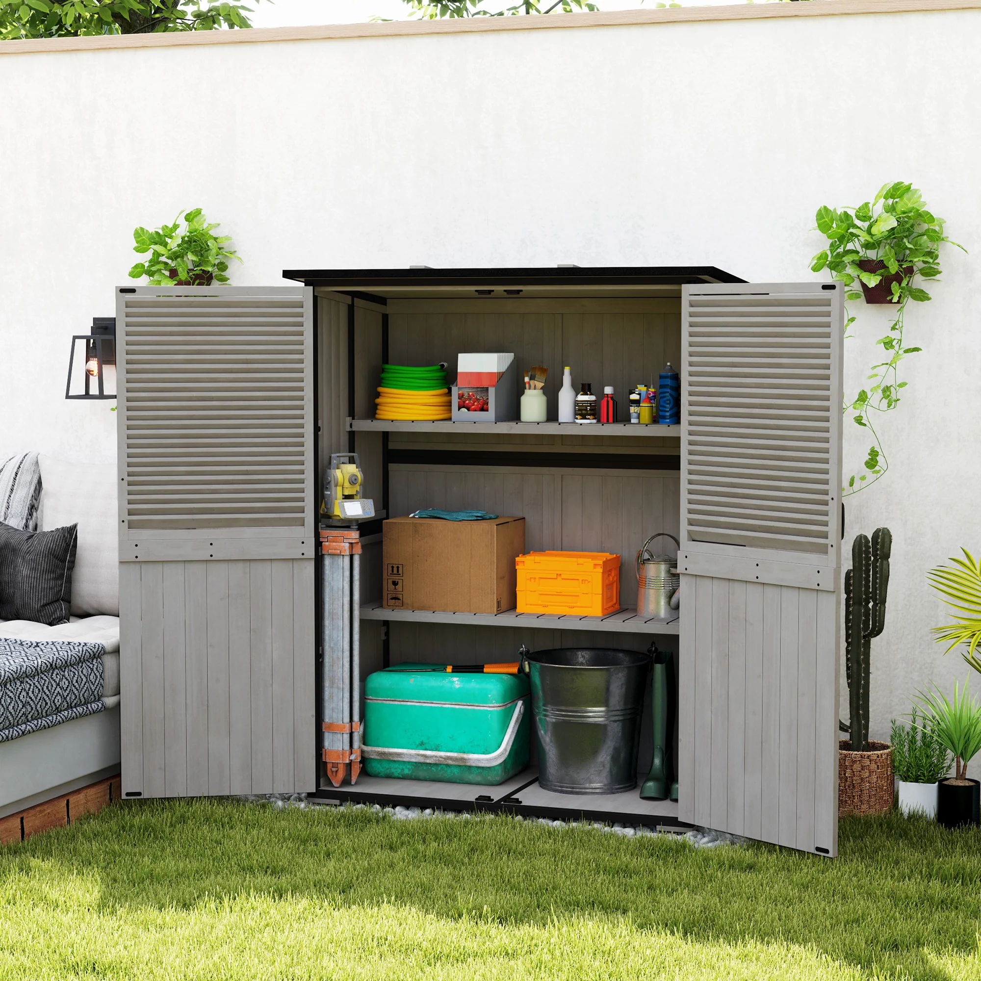 Outdoor Storage Cabinet, Wood Garden Tool Shed with Lock, Steel Frame and Asphalt Roof, Garden Storage Shed with Adjustable Shelves and Feet for Patio Backyard Lawn, Gray - Image 4