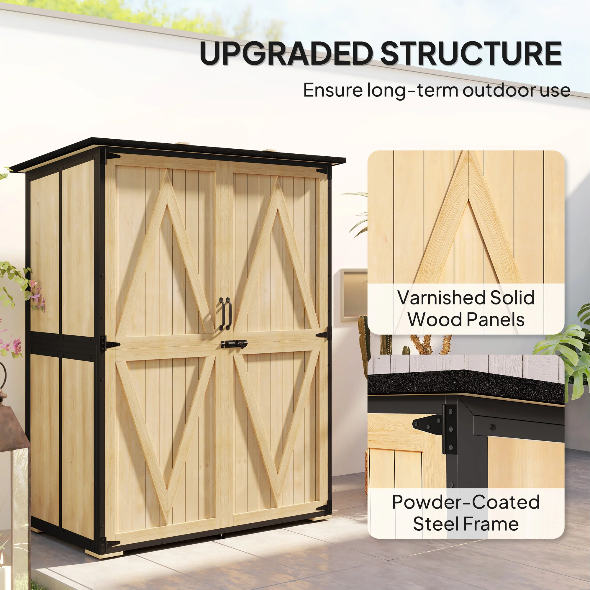 Outdoor Storage Cabinet, Wood Garden Tool Shed with Steel Frame and Asphalt Roof, Garden Storage Shed with 2 Shelves, Lockable Doors and Adjustable Feet for Patio Backyard Lawn, Natural - Image 6