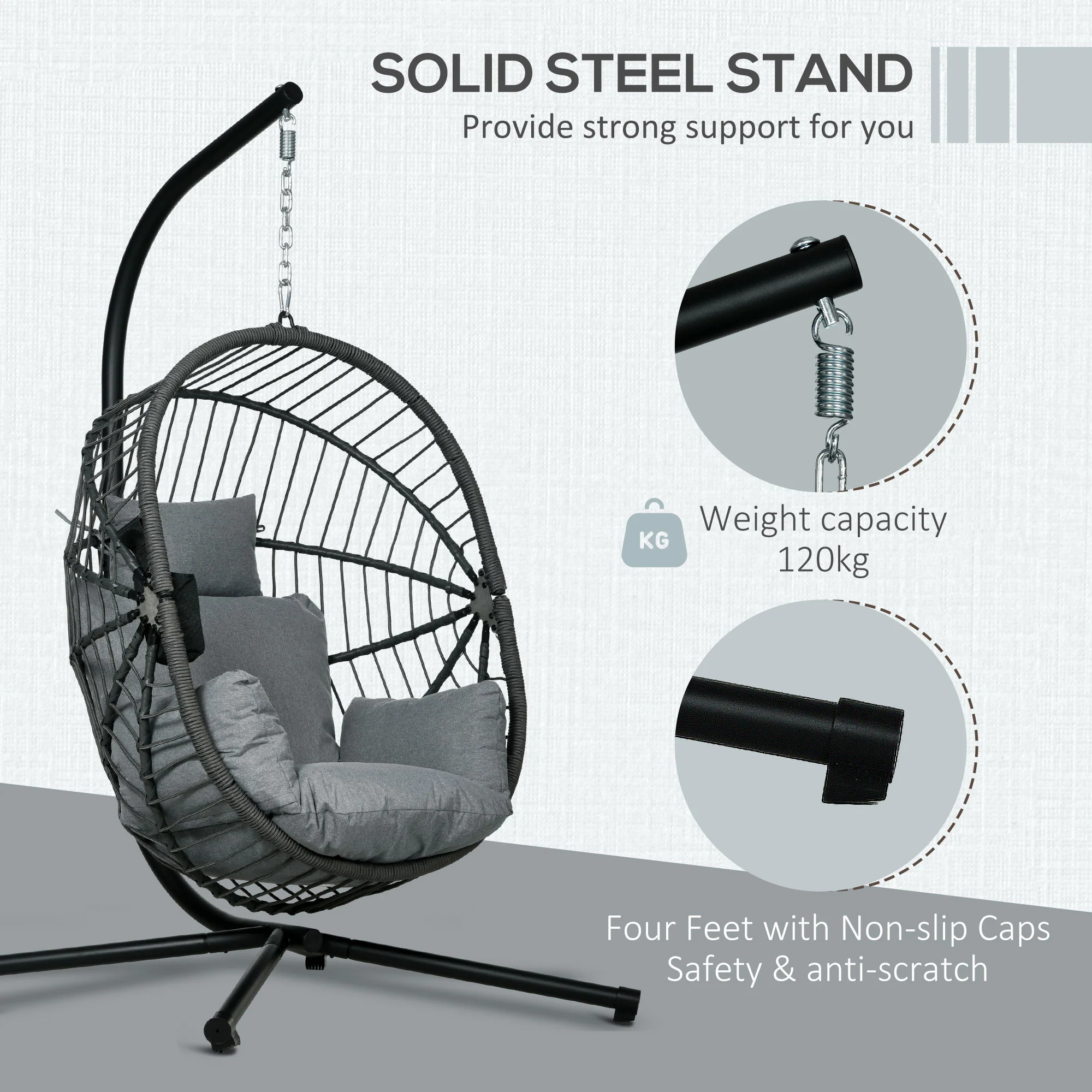 Outdoor Swing Chair with Thick Padded Cushion, Patio Hanging Chair with Metal Stand, Foldable Basket Egg Chair with Cup Holder, Rope Structure, for Indoor and Outdoor, Grey - Image 6
