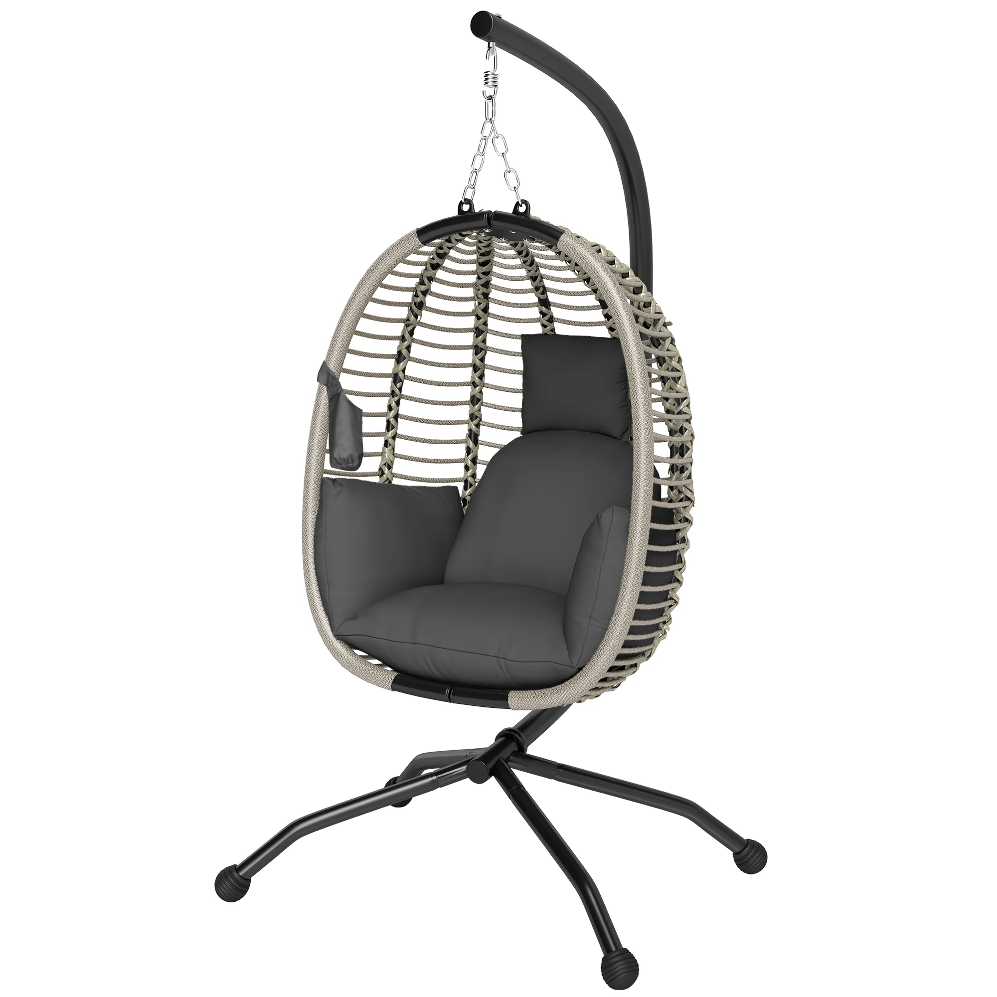Outdoor Swing Chair with Thick Padded Cushion, Patio Hanging Egg Chair with Metal Stand, Foldable Basket, Cup Holder, Rope Structure for Indoor & Outdoor, Dark Grey - Image 2