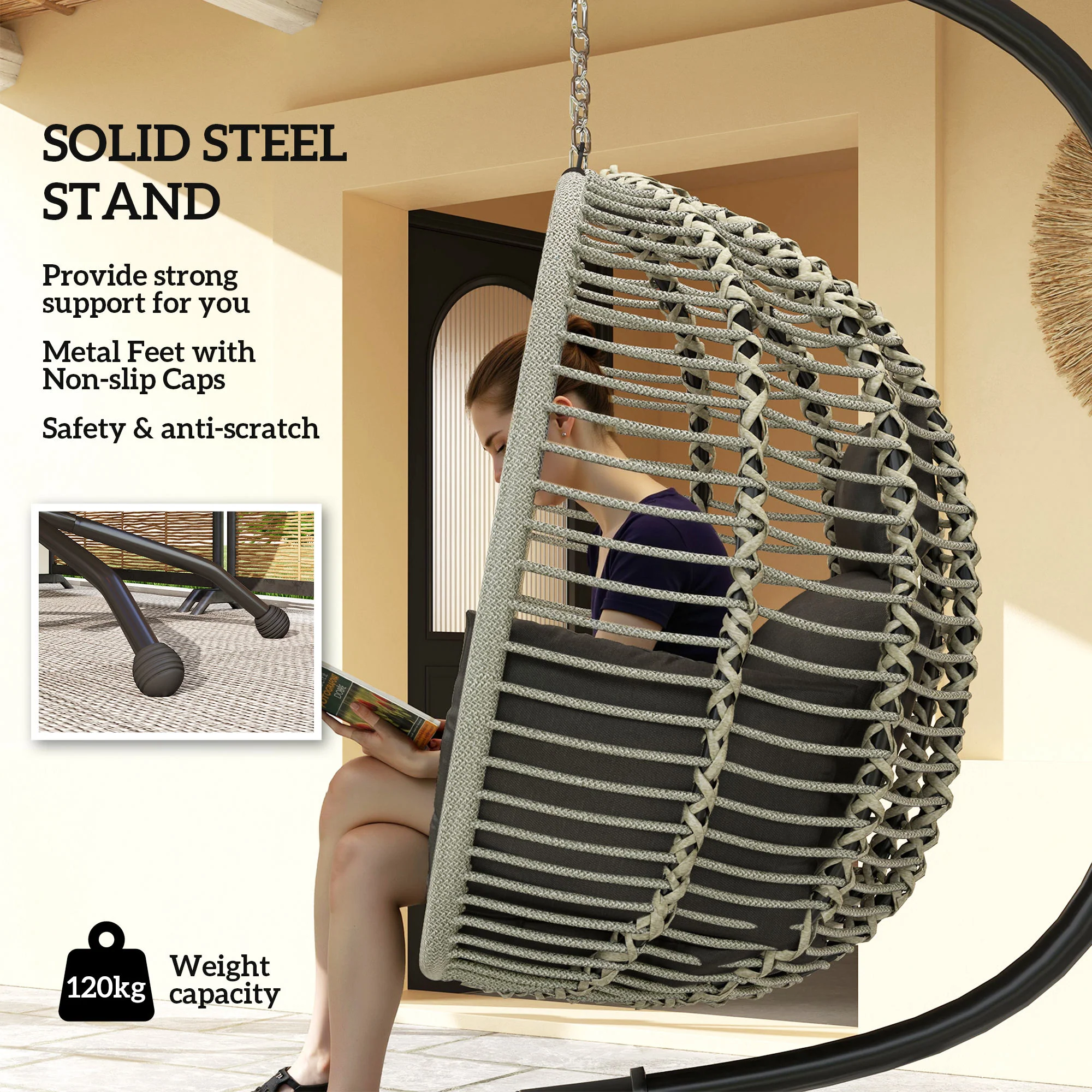 Outdoor Swing Chair with Thick Padded Cushion, Patio Hanging Egg Chair with Metal Stand, Foldable Basket, Cup Holder, Rope Structure for Indoor & Outdoor, Dark Grey - Image 6