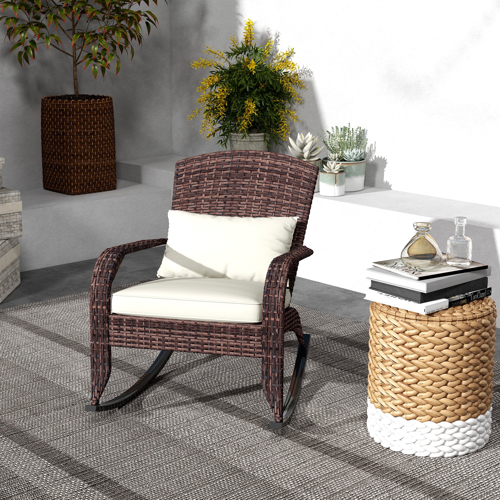 Outdoor Wicker Rocking Chair with High Back, Seat Cushion and Pillow for Porch, Balcony, Cream/Brown - Image 4