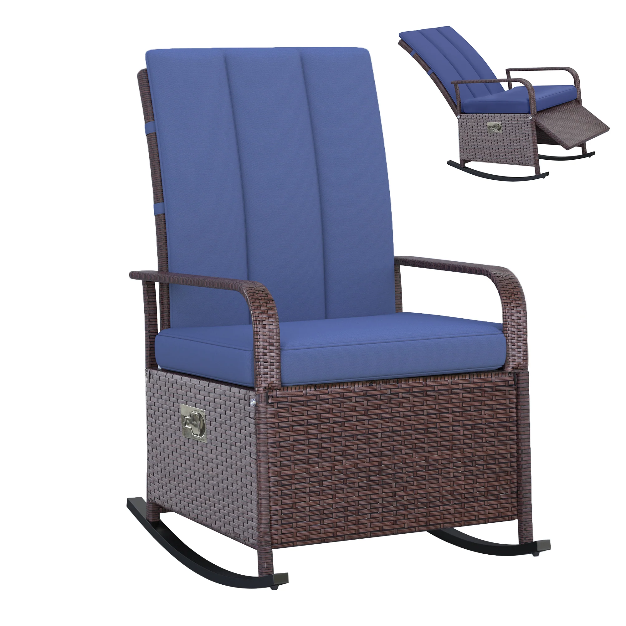 Outdoor Cushioned PE Rattan Recliner Chair with Adjustable Footrest & Armrests, Dark Blue
