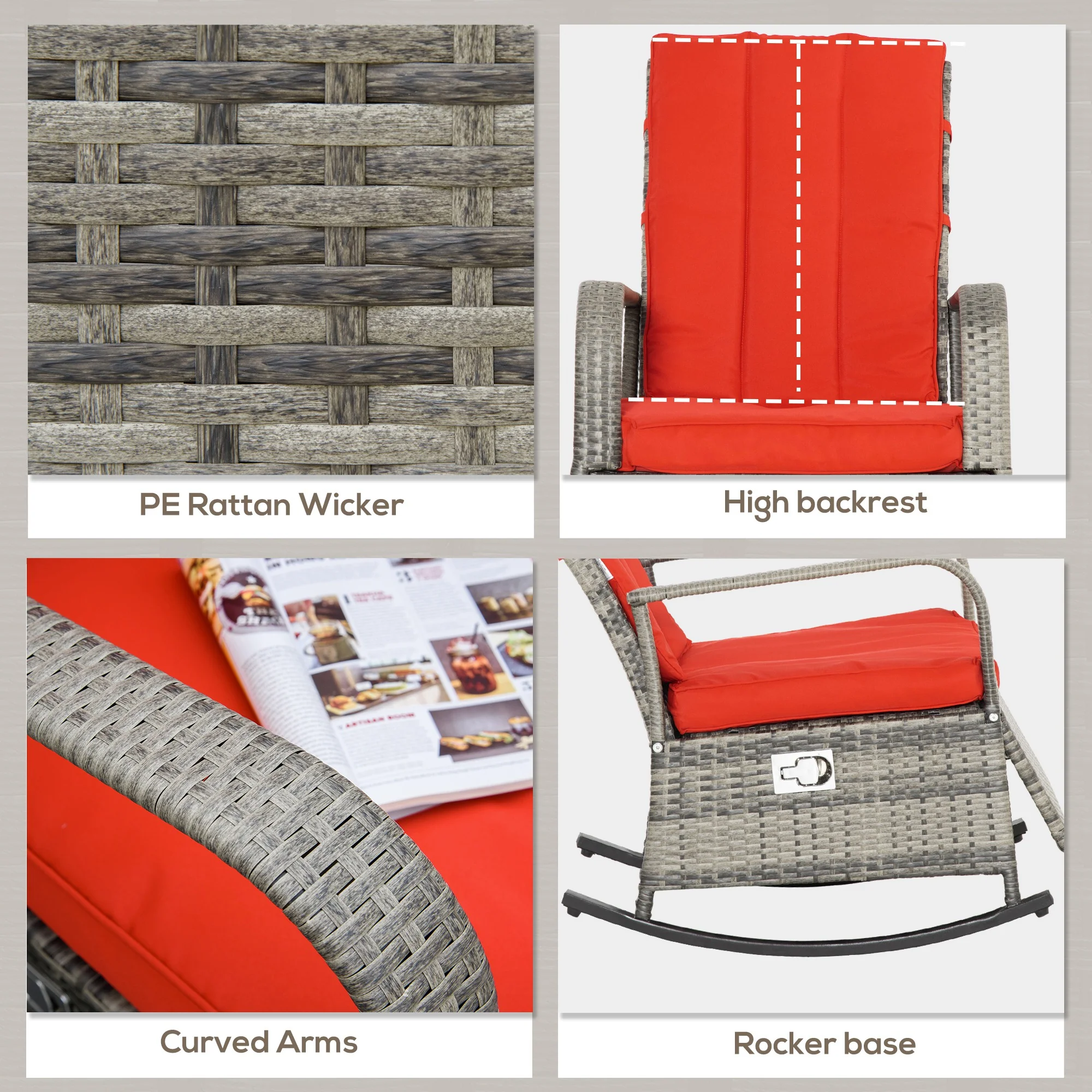 Outdoor Cushioned PE Rattan Recliner Chair with Adjustable Footrest & Armrests, Red - Image 9