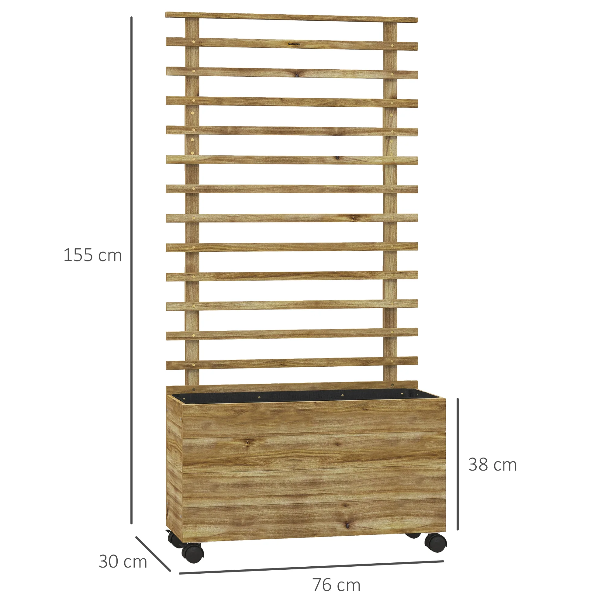 Outdoor Wooden Planters with Trellis and 4 Wheels for Climbing Plants, 76 x 30 x 155cm, Natural - Image 5