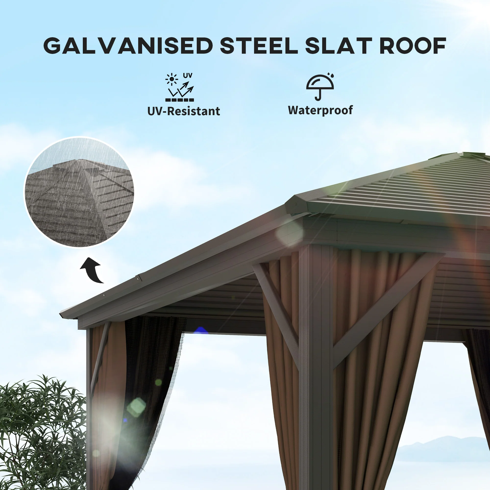 10' x 10' Hardtop Gazebo with Aluminum Frame & Curtains, Dark Brown - Image 6