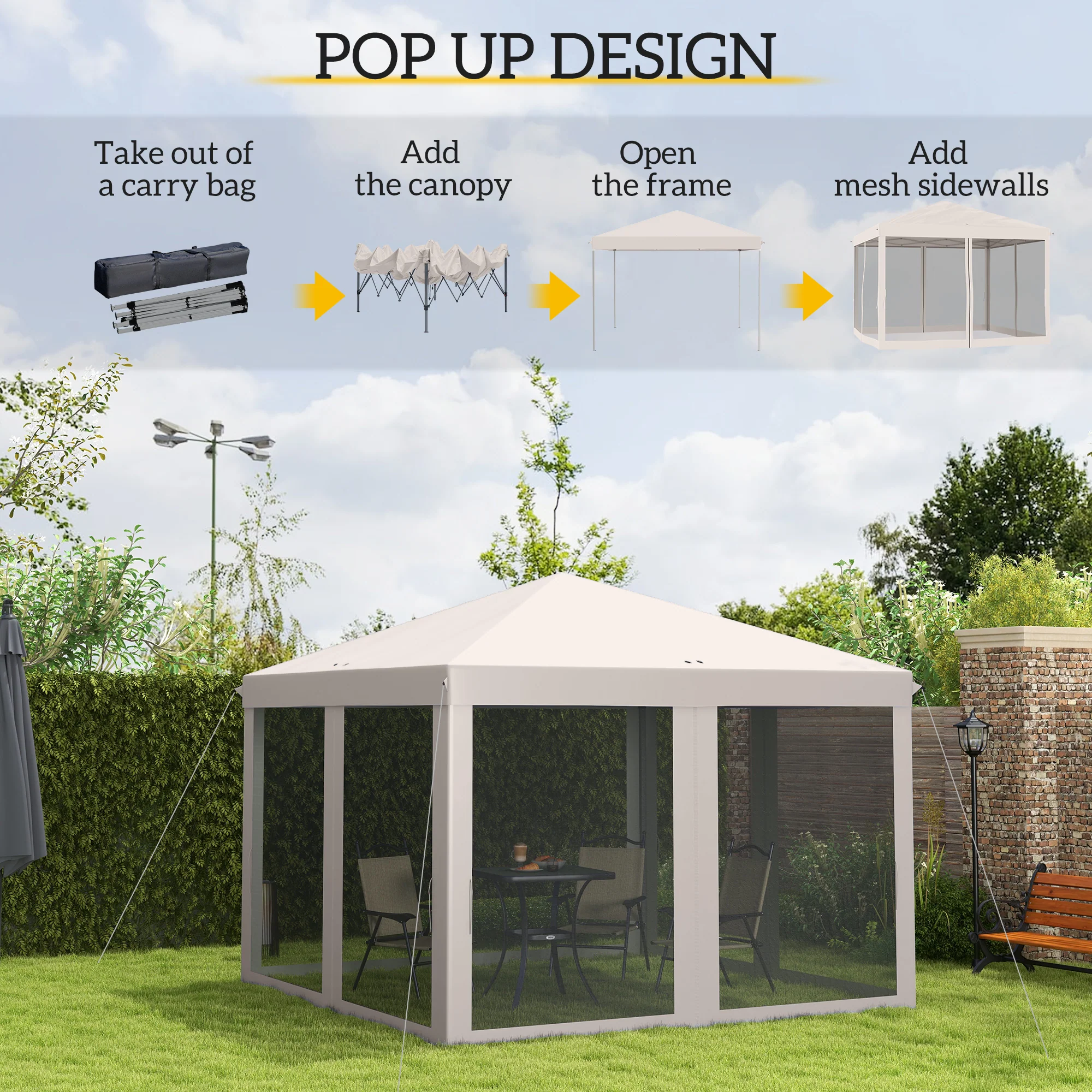 10' x 10' Pop-Up Canopy Tent with Netting, Carry Bag & Adjustable Height, Beige - Image 6