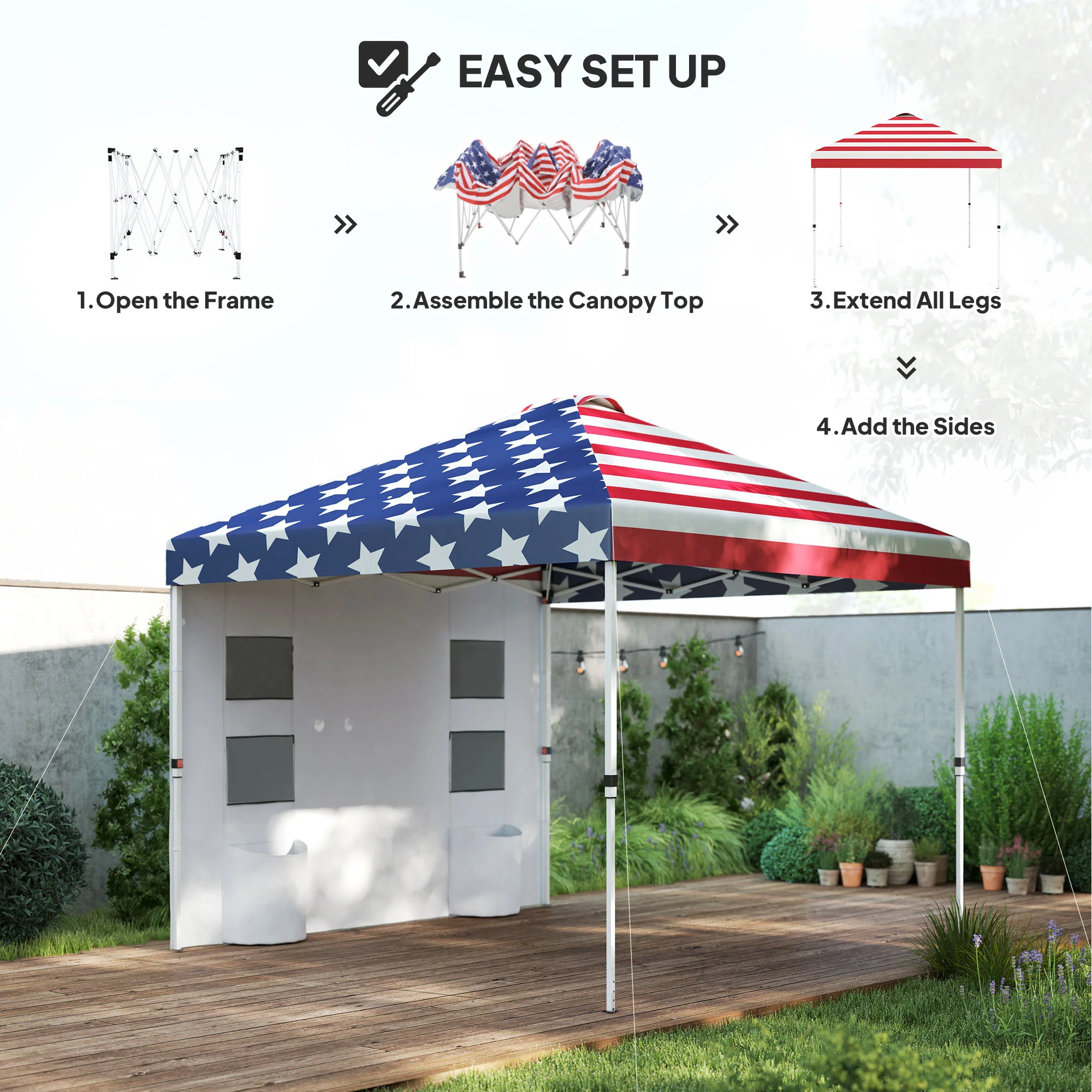 10' x 10' Instant Pop-up Canopy, Shade Shelter w/ Sidewalls & Storage Pockets, American Flag - Image 6