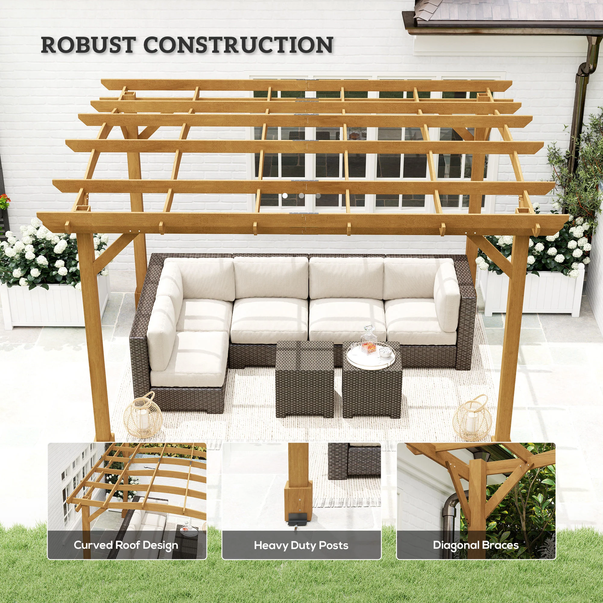 10' x 12' Wood Pergola with Arched Roof Trellis for Climbing Plants, Dark Brown - Image 8