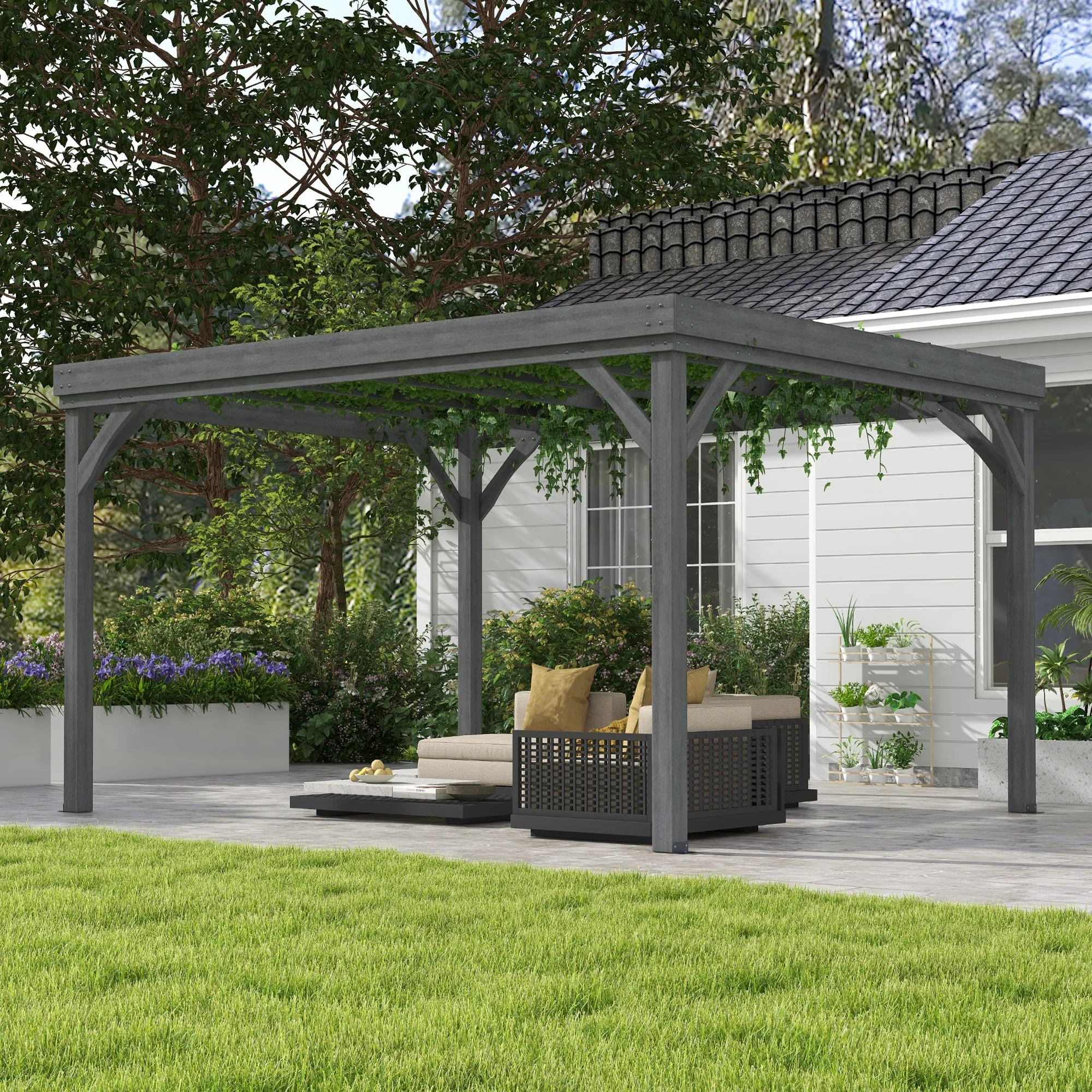 10' x 12' Wooden Pergola, Grape Vine Gazebo, Concrete Anchors, Garden, Patio, Backyard, Deck, Gray - Image 3