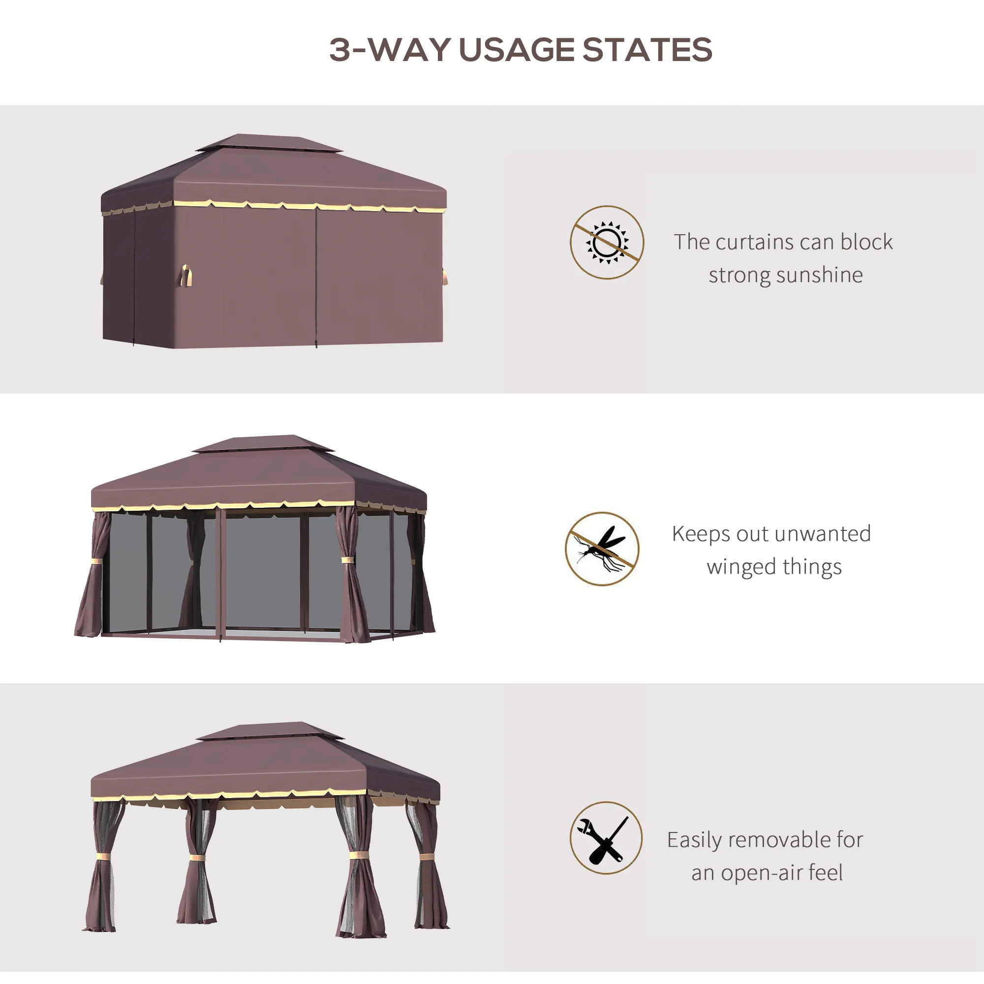 10' x 13' Patio Gazebo with Outdoor Canopy Shelter, Aluminum Frame, Netting, Curtains, Coffee - Image 9
