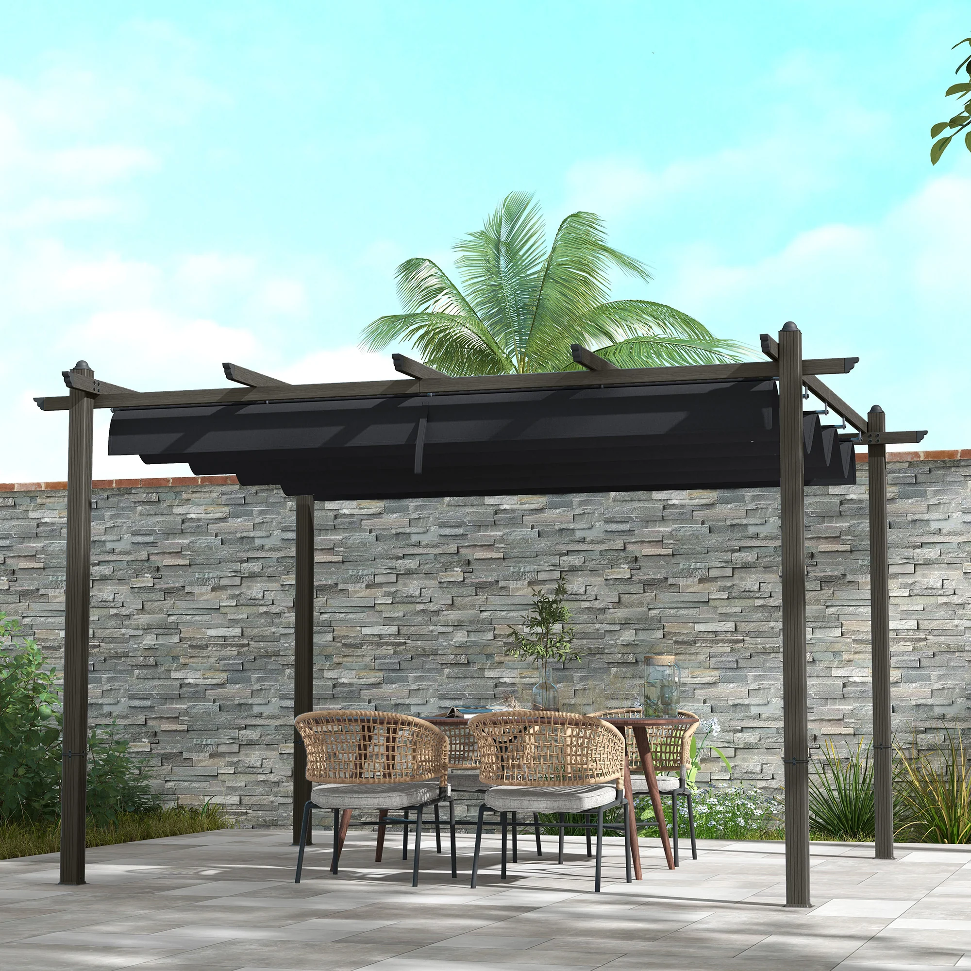 10' x 13' Retractable Pergola Canopy, Wood Grain Aluminum Frame, for Outdoor Shade Shelter, Gray - Image 4