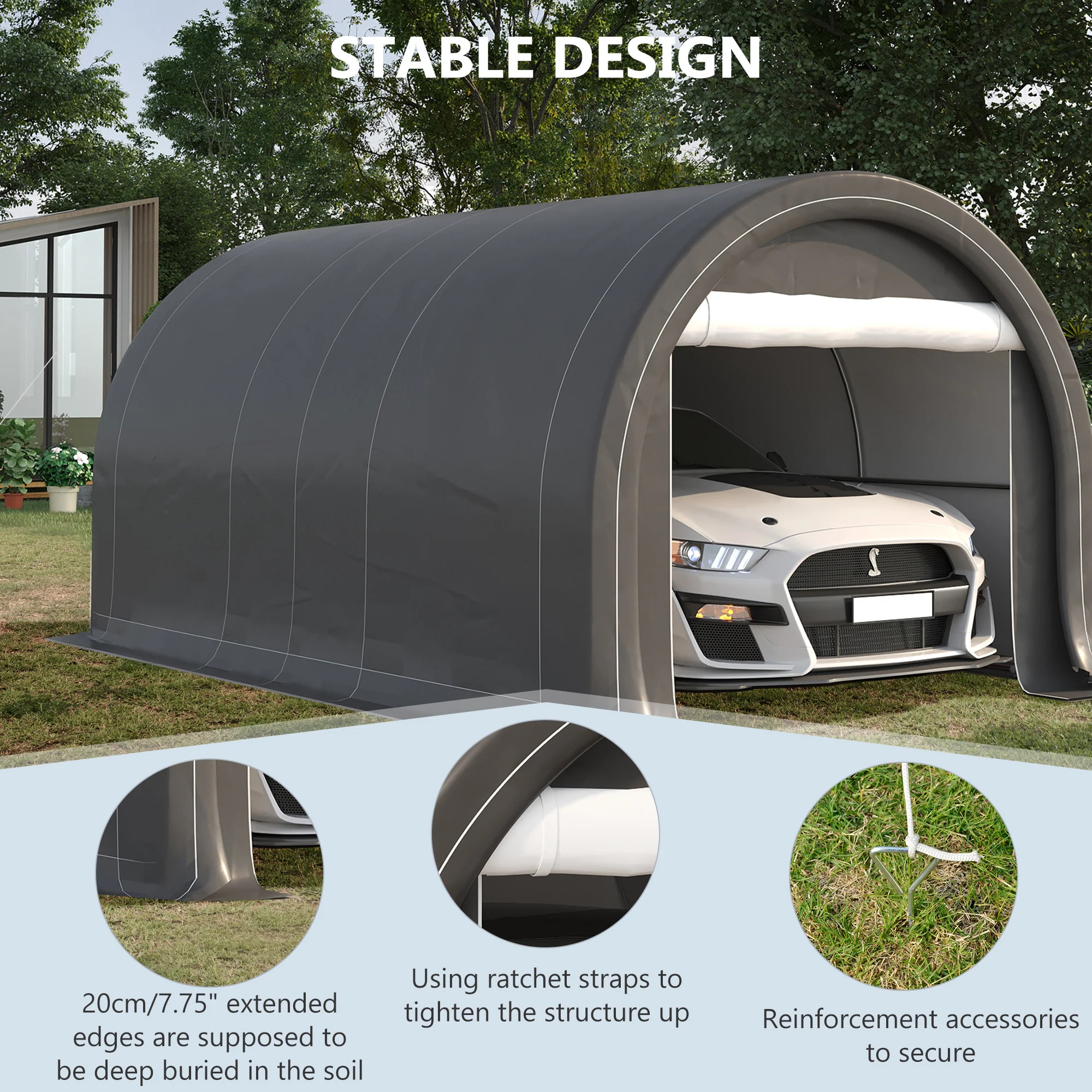 10' x 16' Heavy-Duty Portable Carport with Anti-UV Canopy & Large Zippered Door, Gray - Image 7