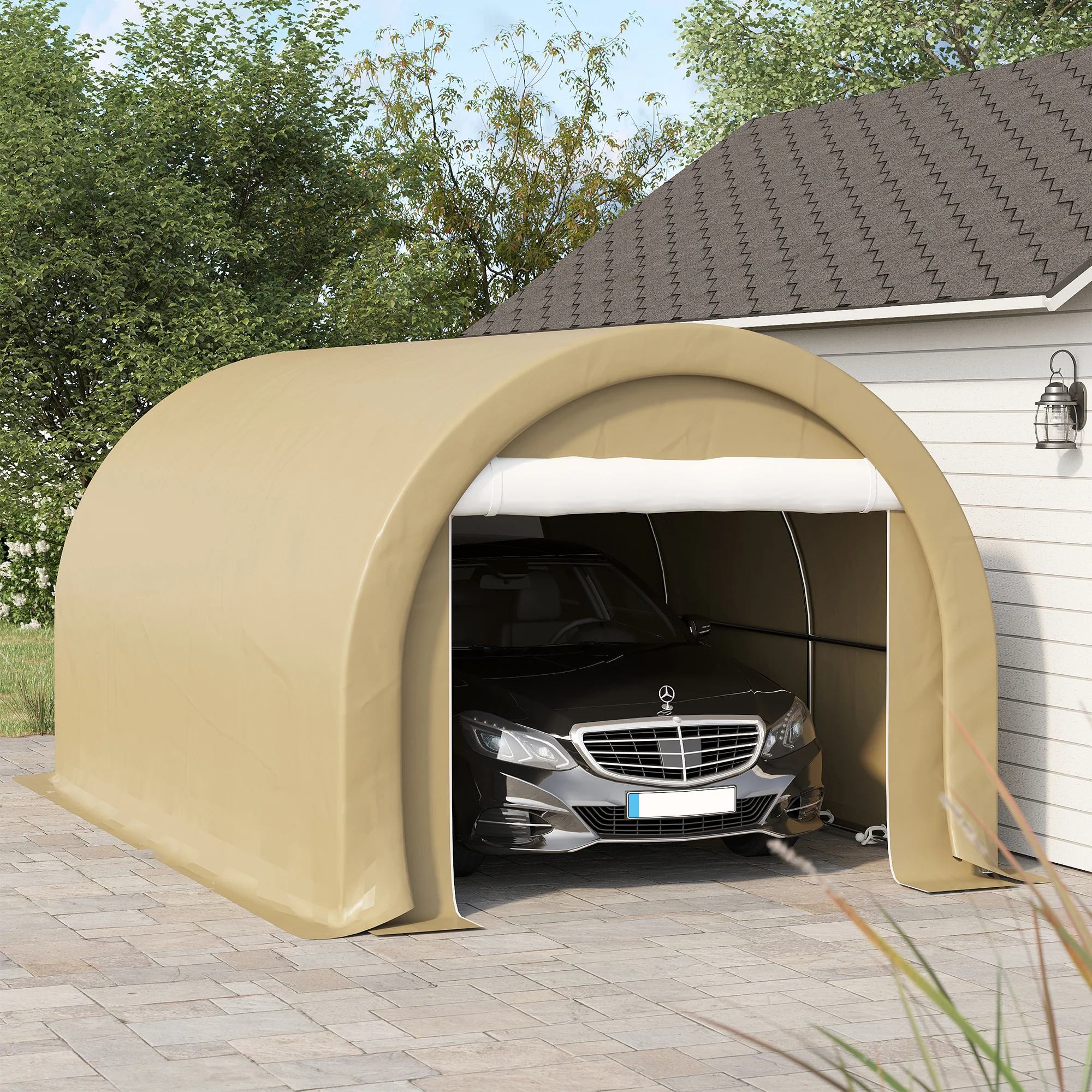 10' x 16' Heavy-Duty Carport with Zippered Door & UV-Resistant Canopy, Beige - Image 4