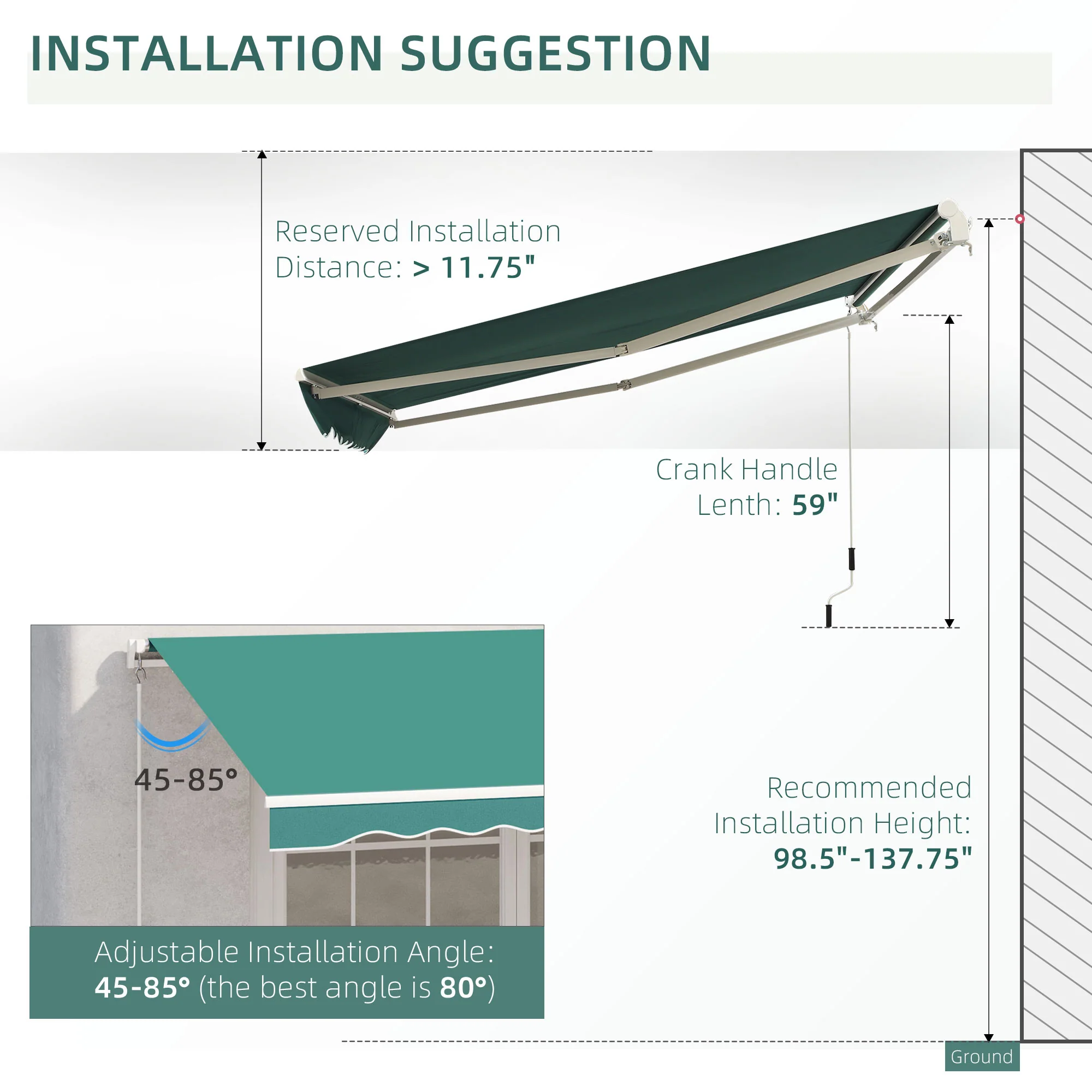10' x 8' Retractable Awning with Manual Crank, UV/Water-Resistant Green Fabric, Green - Image 11