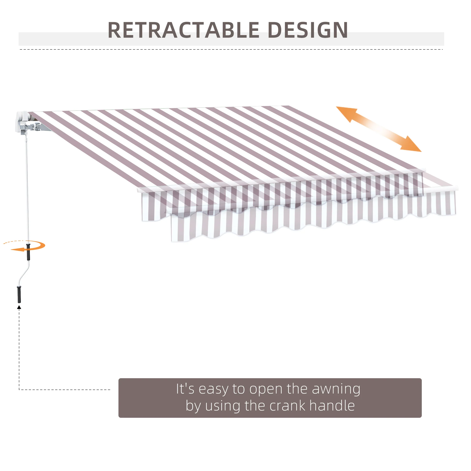 10' x 8' Retractable Patio Awning with UV/Water-Resistant Fabric, Manual Crank, Coffee Stripes - Image 9