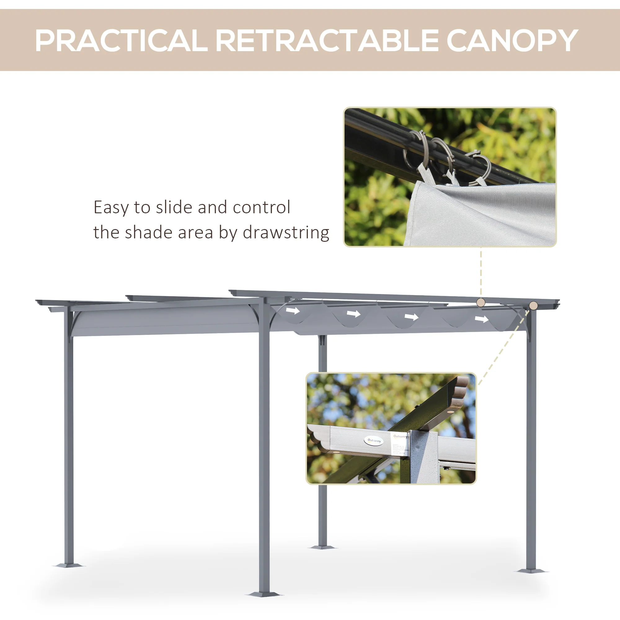 11.5'x11.5' Retractable Metal Pergola Canopy for Patio Backyard Shade Shelter, Gray - Image 7
