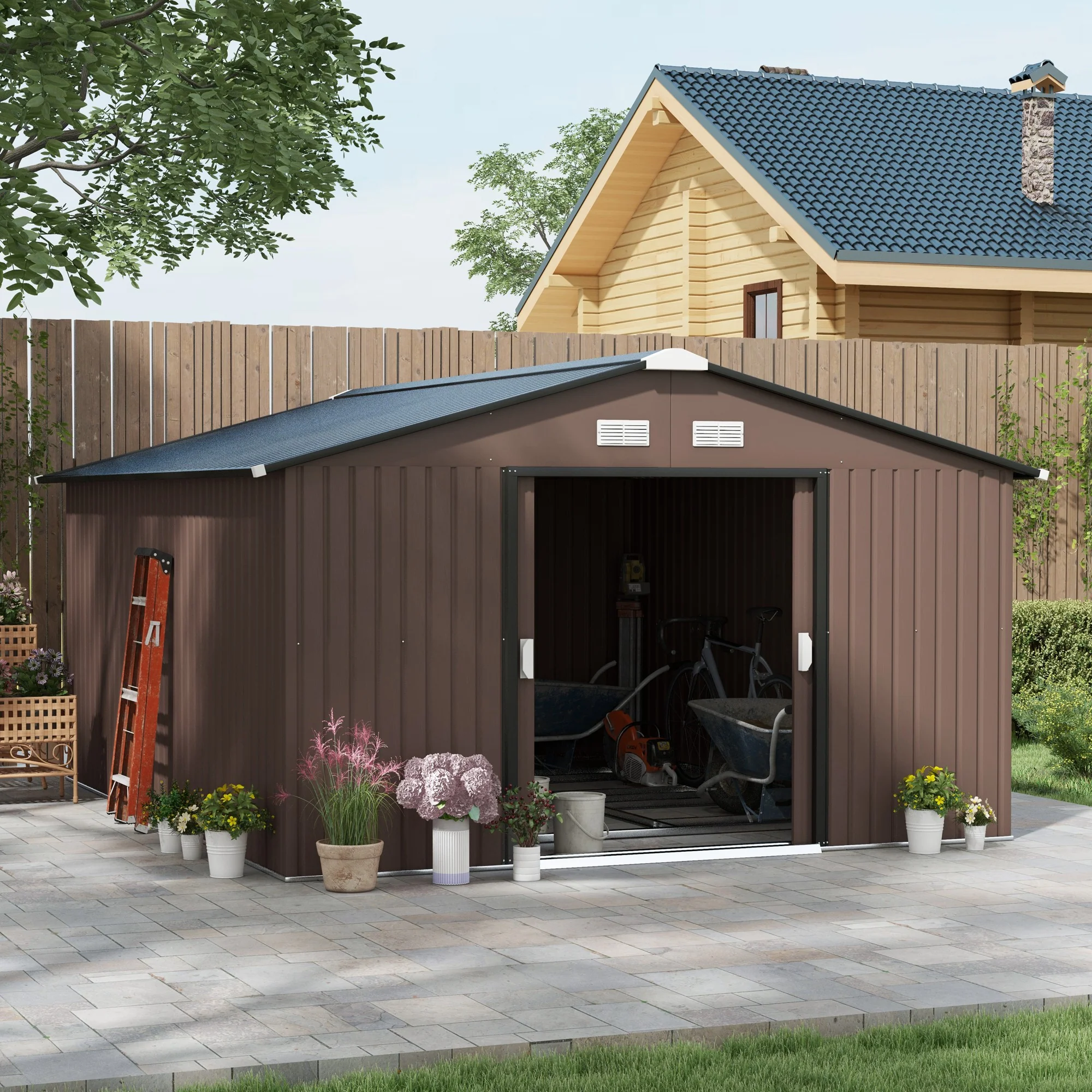 EverBase 11' x 13' Outdoor Storage Shed with Double Lockable Door & Air Vents, Brown - Image 3