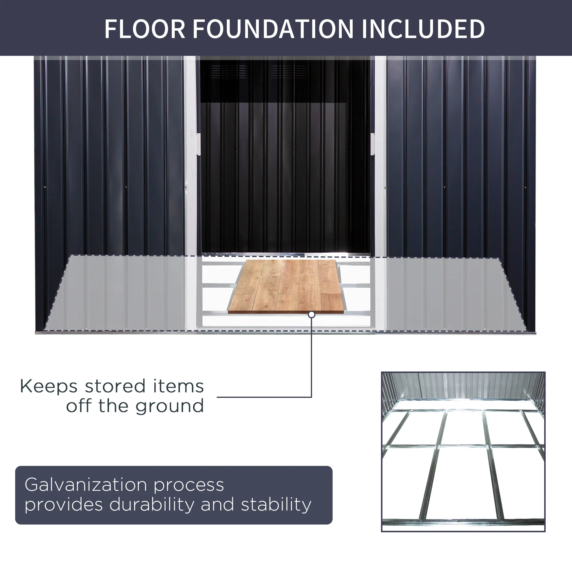 11' x 9' Outdoor Storage Shed, Garden Tool Metal Shed with Foundation Kit, Double Lockable Door, Air Vents and Sloping Roof, for Backyard, Patio, Lawn, Dark Gray - Image 9