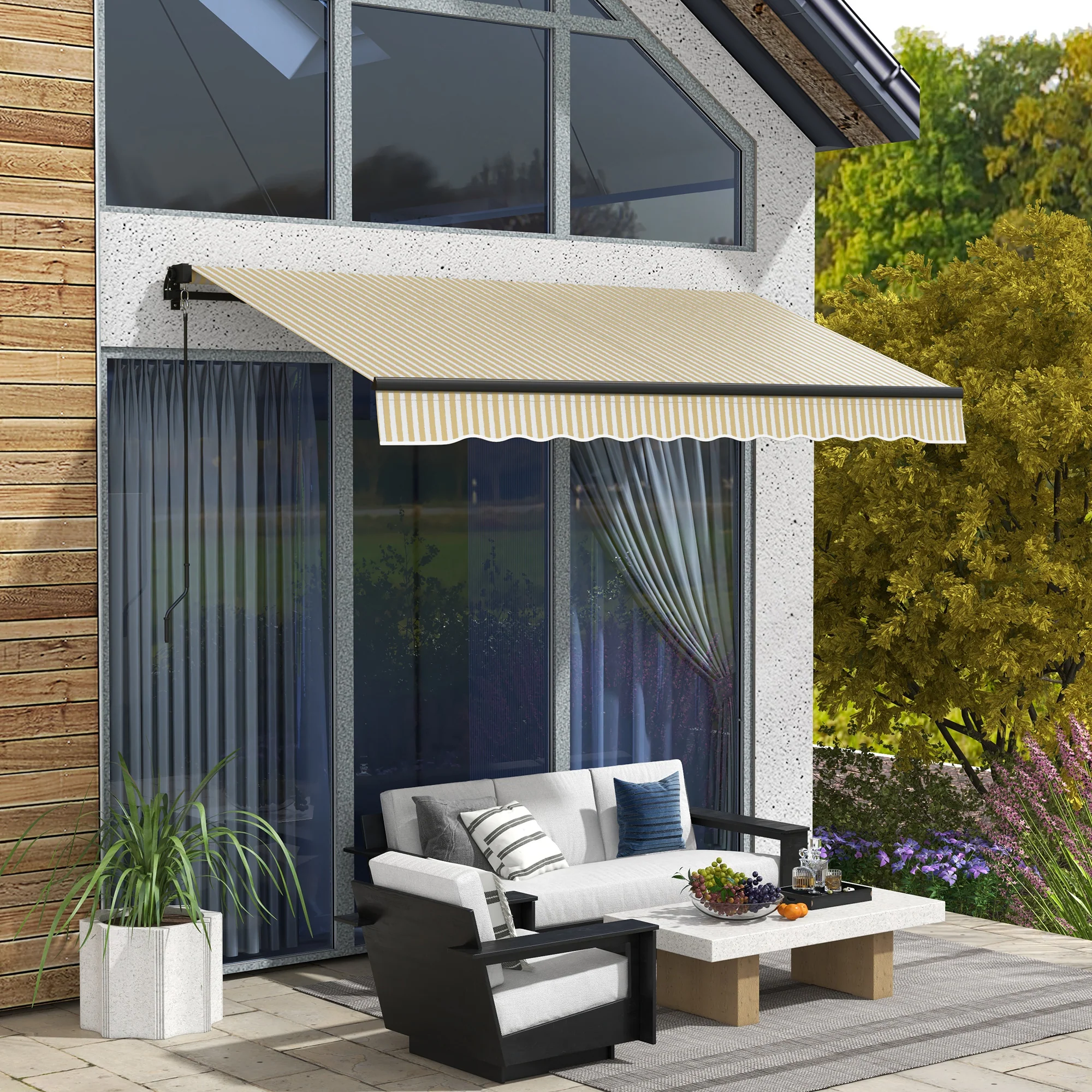 12' x 10' Retractable Awning UV-Resistant 280gsm Sunshade, Beige & White - Image 3