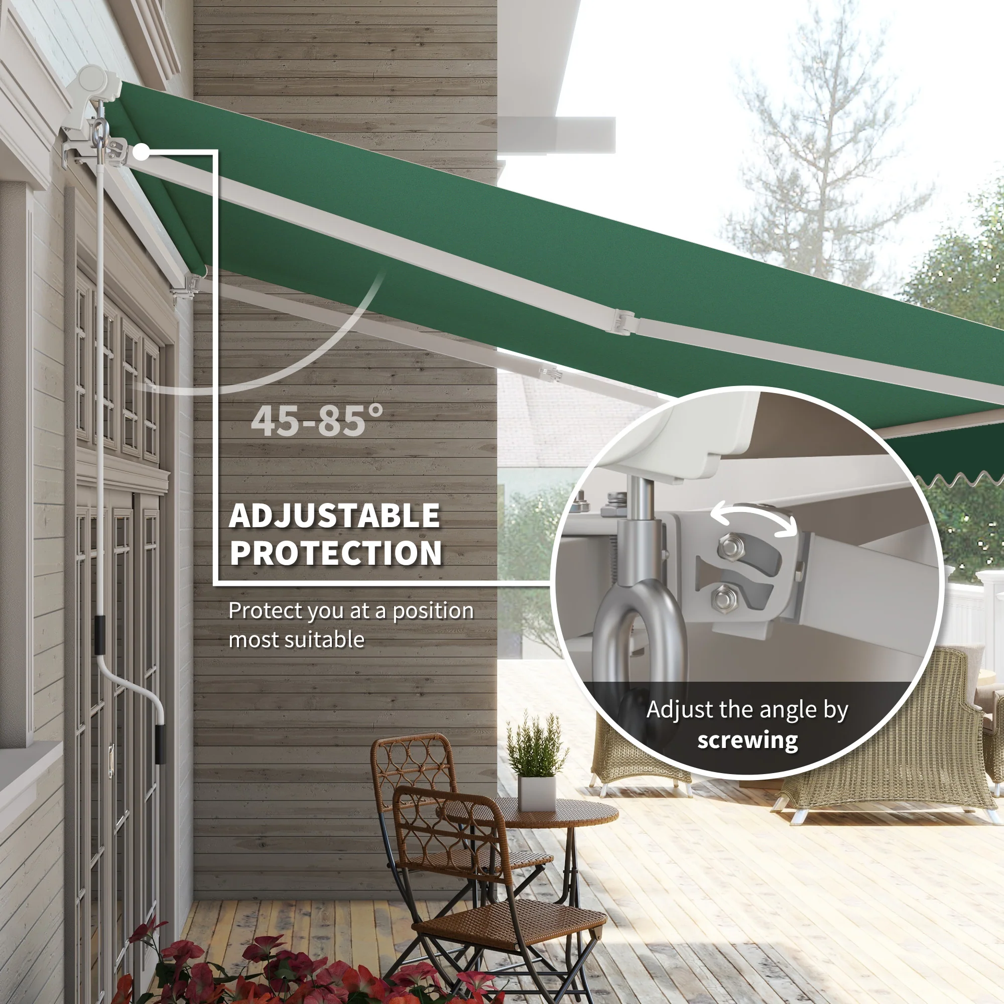 12' x 10' Retractable Patio Awning with Manual Crank, 280g/m? UV & Water-Resistant Fabric, Green - Image 6