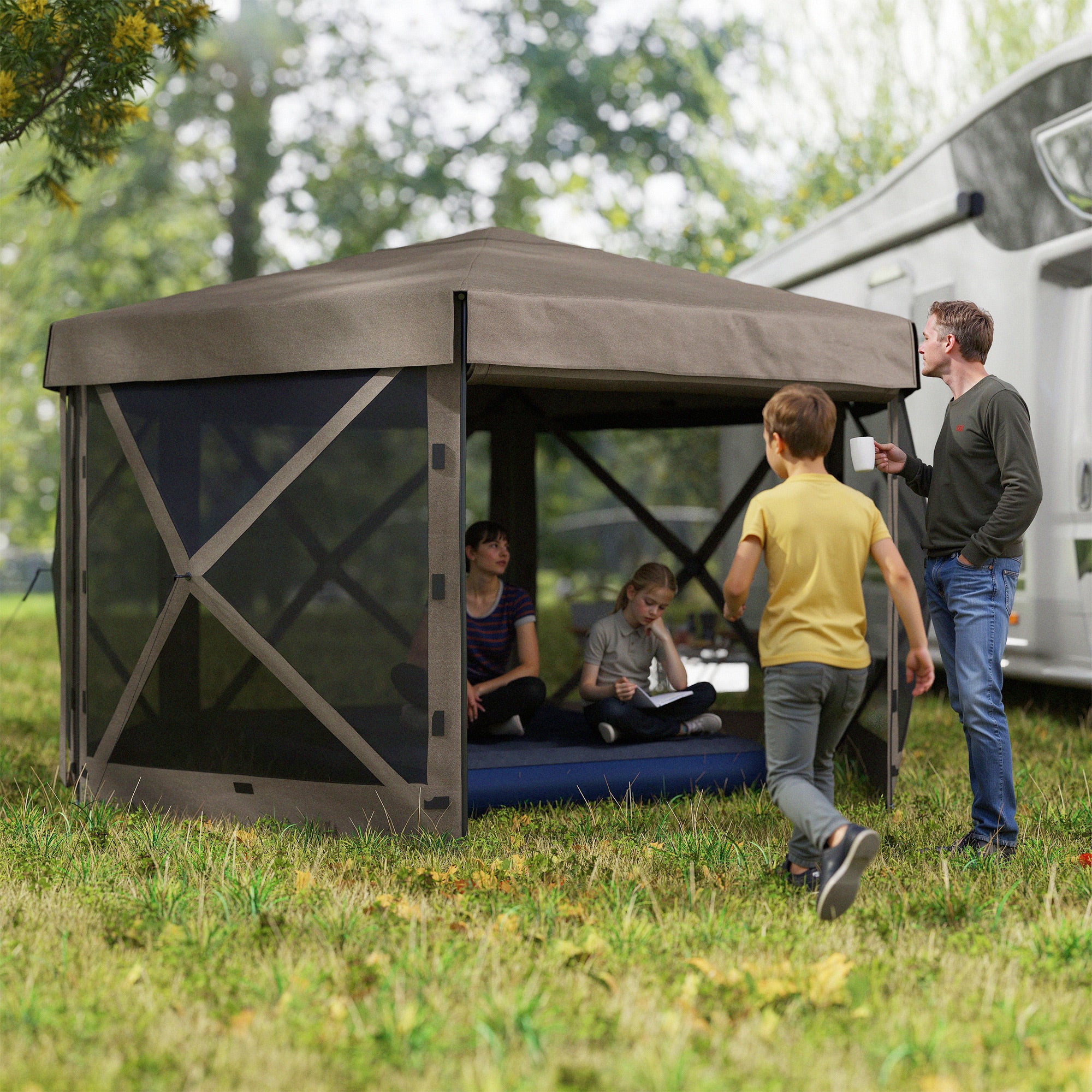 12' x 12' Hexagonal Gazebo Canopy Tent with 5 Sidewalls & Carry Bag, Brown - Image 3