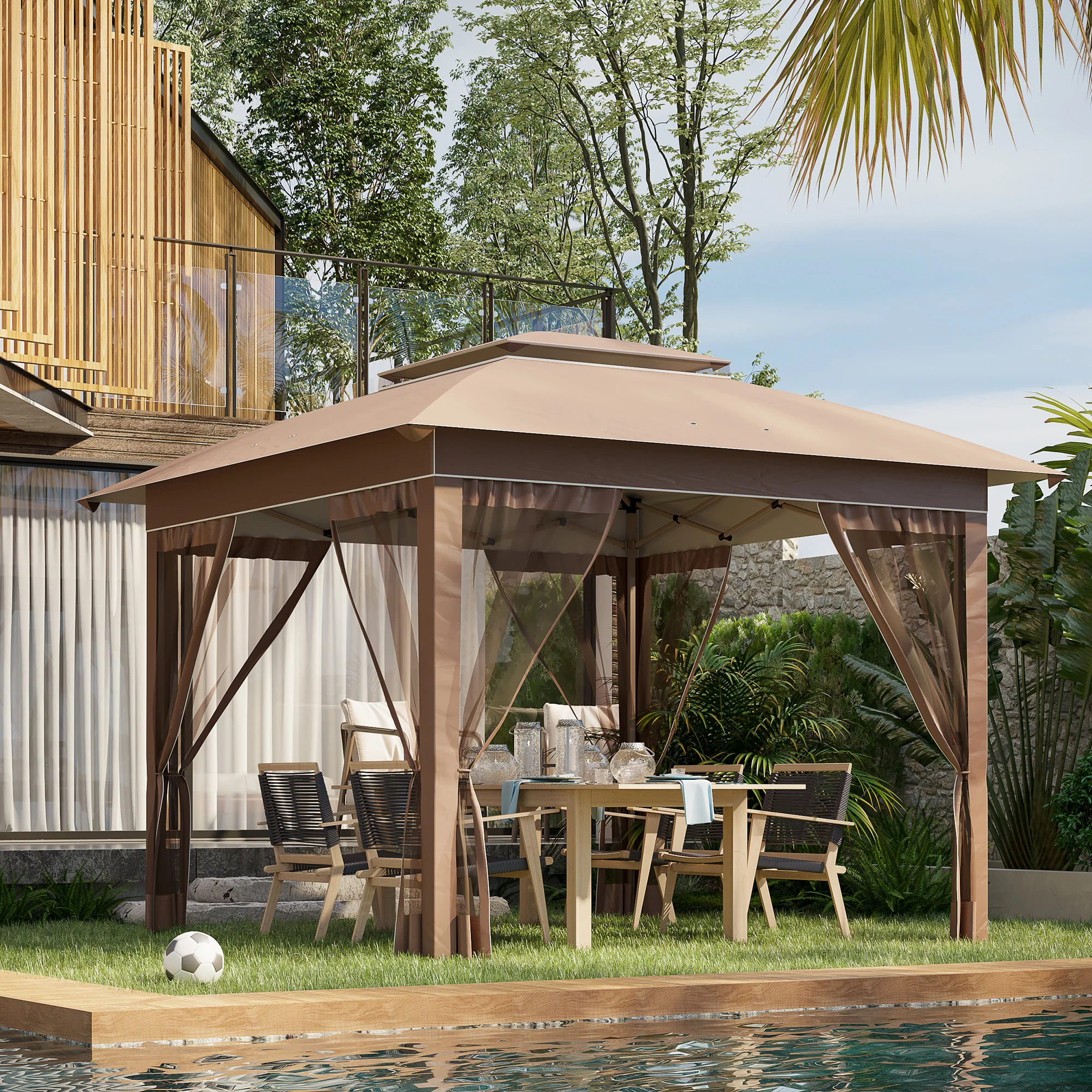 12' x 12' Pop-Up Canopy Tent with Netting, Adjustable Height Outdoor Shelter, Khaki - Image 4