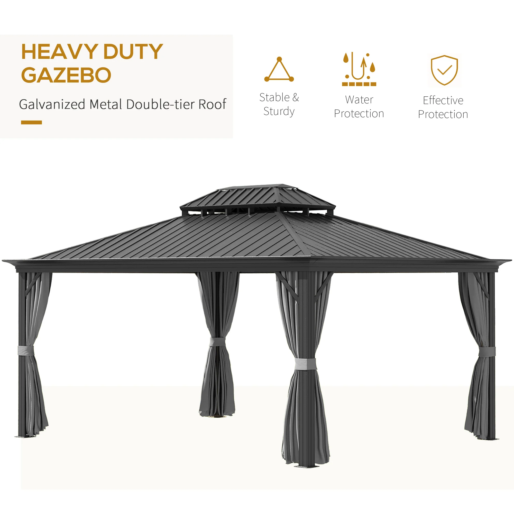 12' x 16' Hardtop Gazebo with Metal Double Roof, Aluminum Frame & Curtains, Gray - Image 6