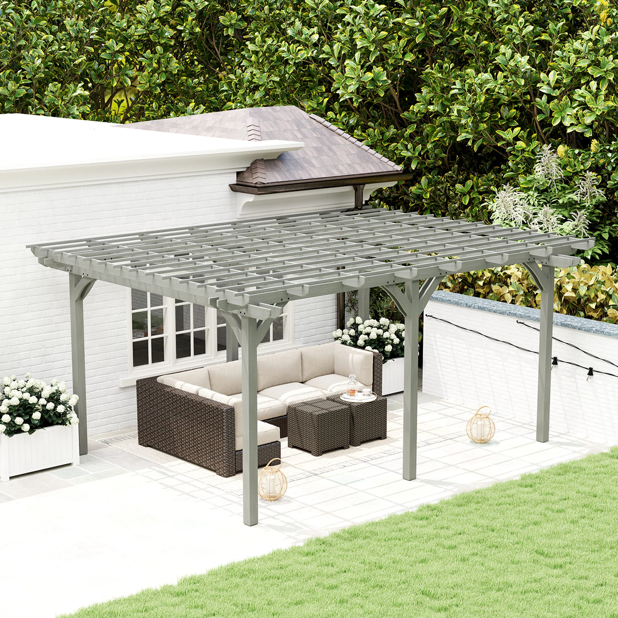12' x 16' Wood Gazebo Pergola with Sturdy Frame for Climbing Plants, Gray - Image 3