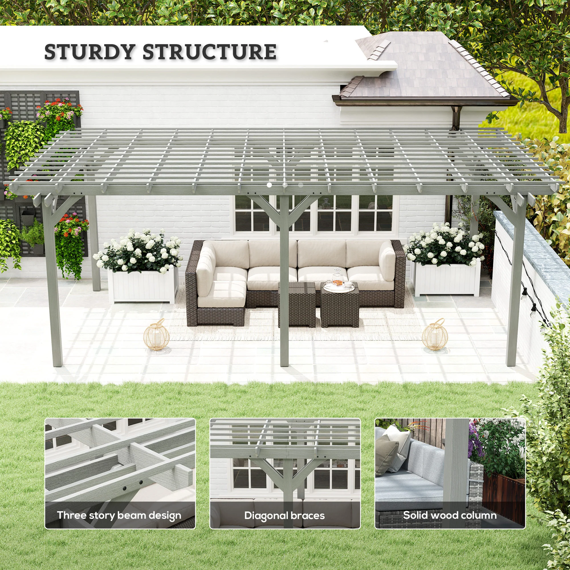 12' x 20' Wood Pergola with Sturdy Trellis for Climbing Plants, Gray - Image 6