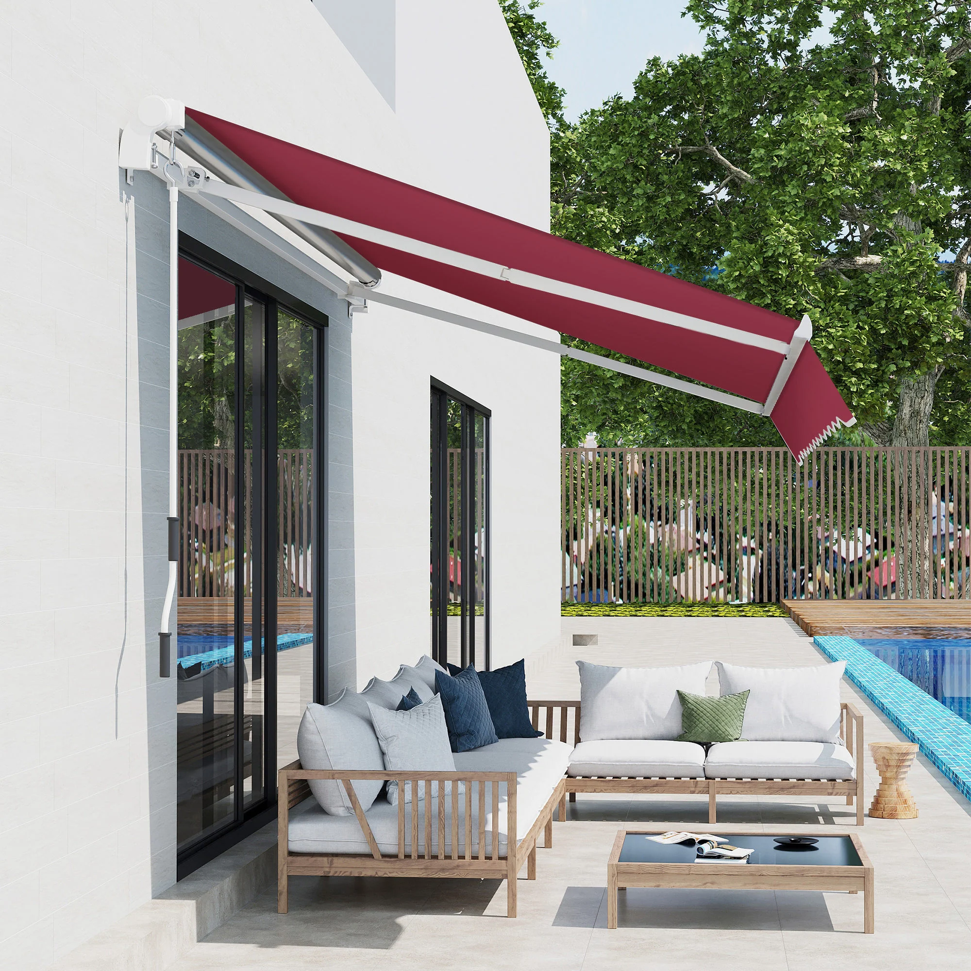 12' x 8' Retractable Patio Awning with Manual Crank Handle, Red Sun Shade Canopy - Image 4