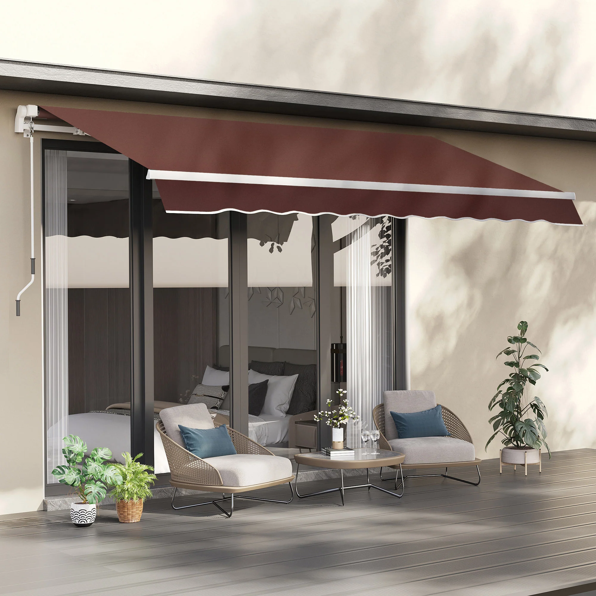12' x 8' Retractable Awning with Manual Crank, UV/Water-Resistant Fabric, Aluminum Frame, Brown - Image 3