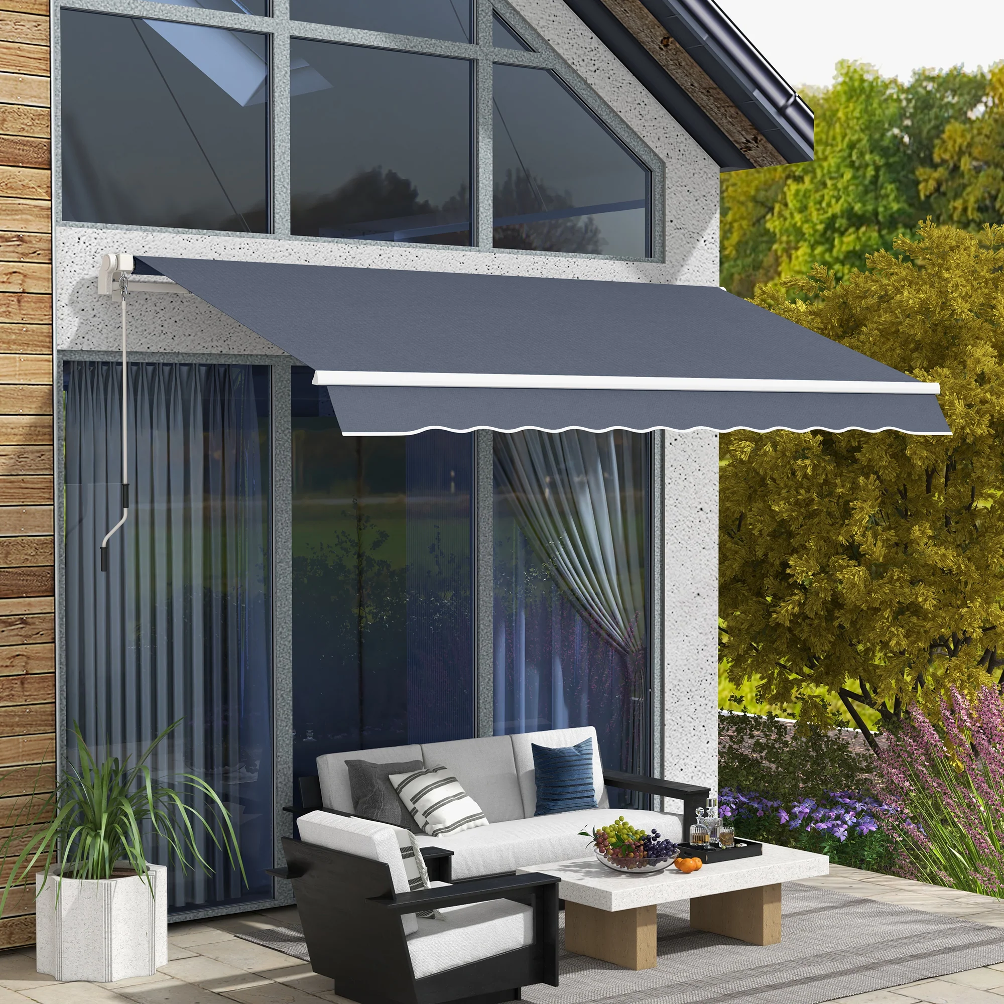 12' x 8' Retractable Patio Awning with Manual Crank, Dark Gray Canopy - Image 3